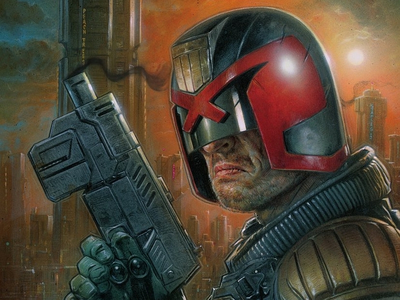 Image Judge Dredd pistol Firing Helmet Dredd Fantasy 4759x2134