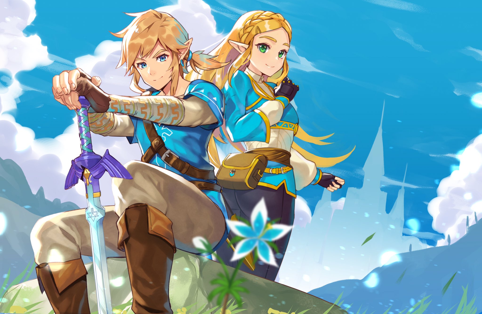 Artwork Bashikou The Legend Of Zelda Link Princess Zelda Blonde Boots Braids Clouds Flowers Gloves G 2048x1334