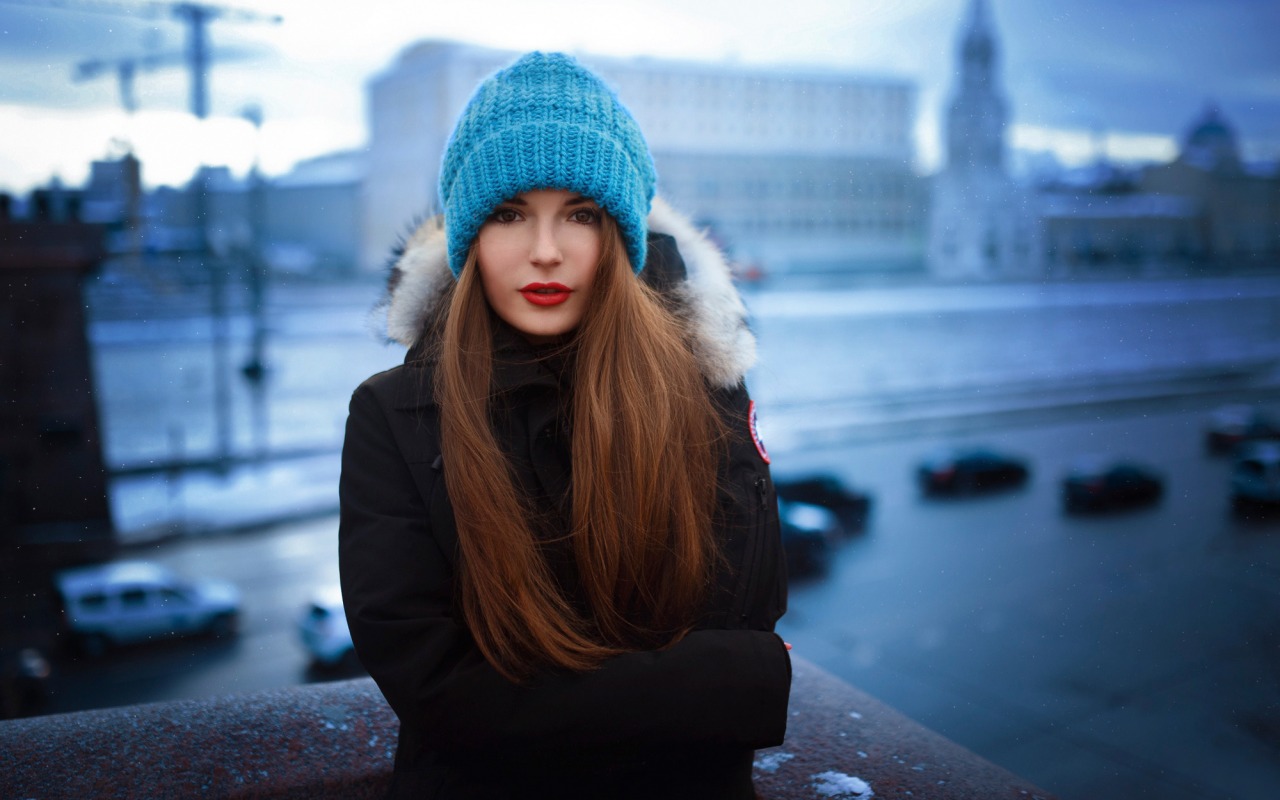 Women Model Sasha Spilberg Black Jackets Brunette Long Hair Red Lipstick Wool Cap Straight Hair Brow 1280x800