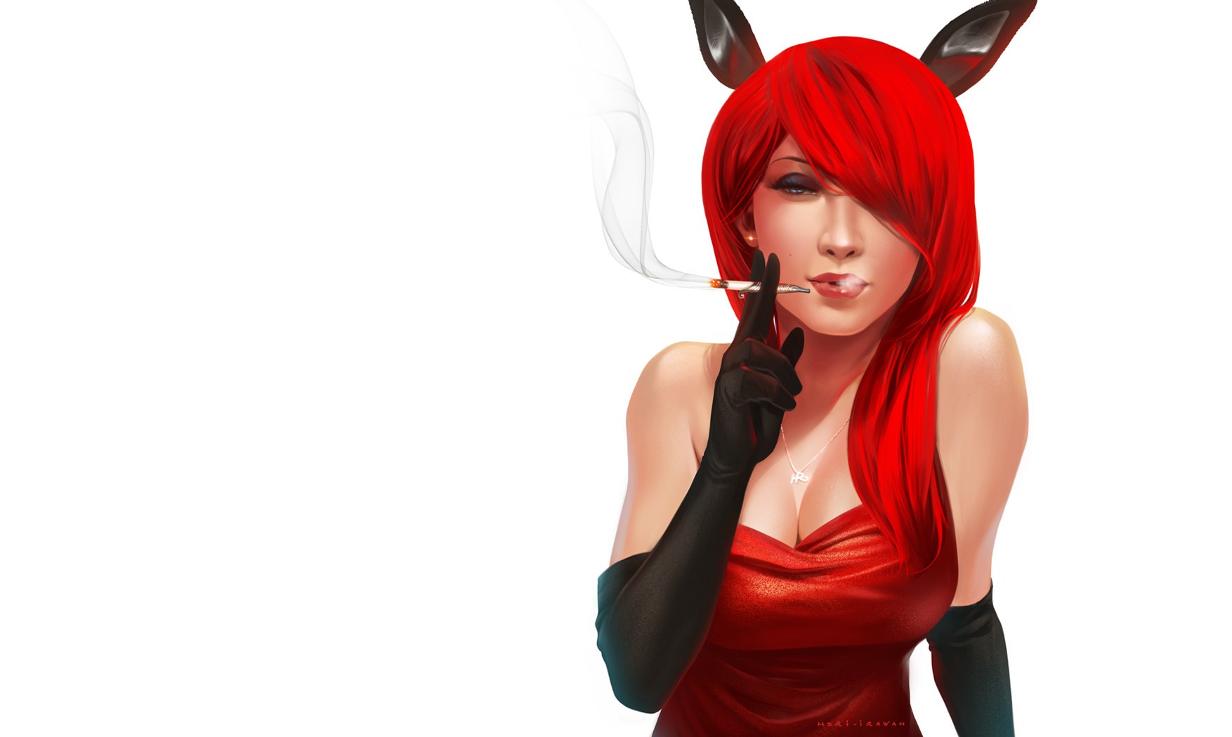 Simple Background White Background Long Hair Redhead Bunny Ears Black Gloves Elbow Gloves Smoking Jo 1754x1050
