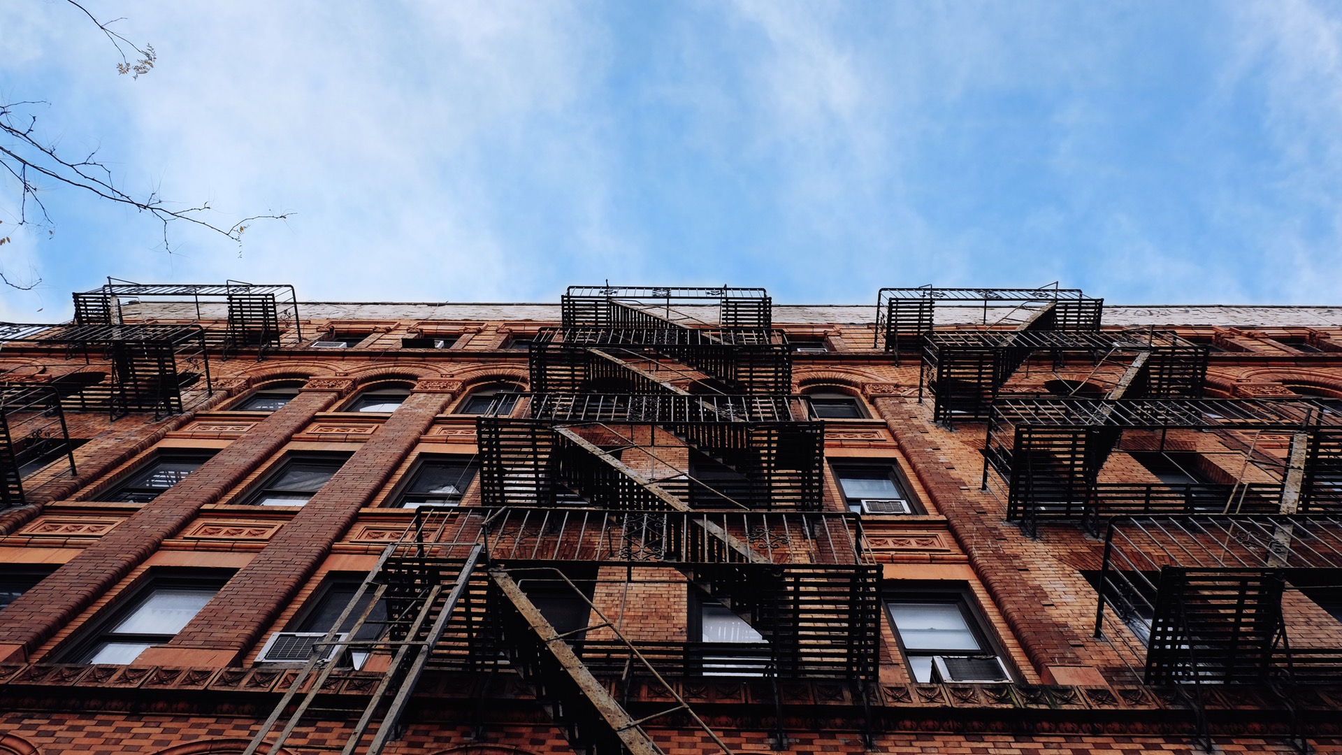 Architecture Building Old Building Ladders Worms Eye View Clouds Branch Window Bricks New York City  1920x1080