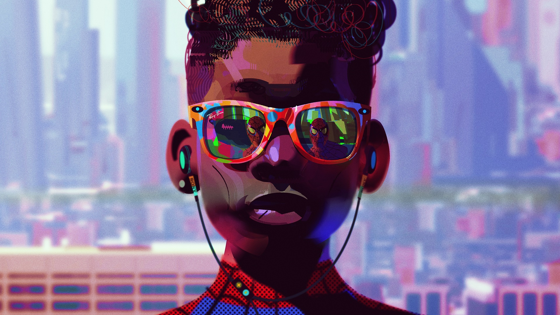Spider Man Spider Man Into The Spider Verse Miles Morales Sunglasses Reflection Artwork Digital Art  1920x1080