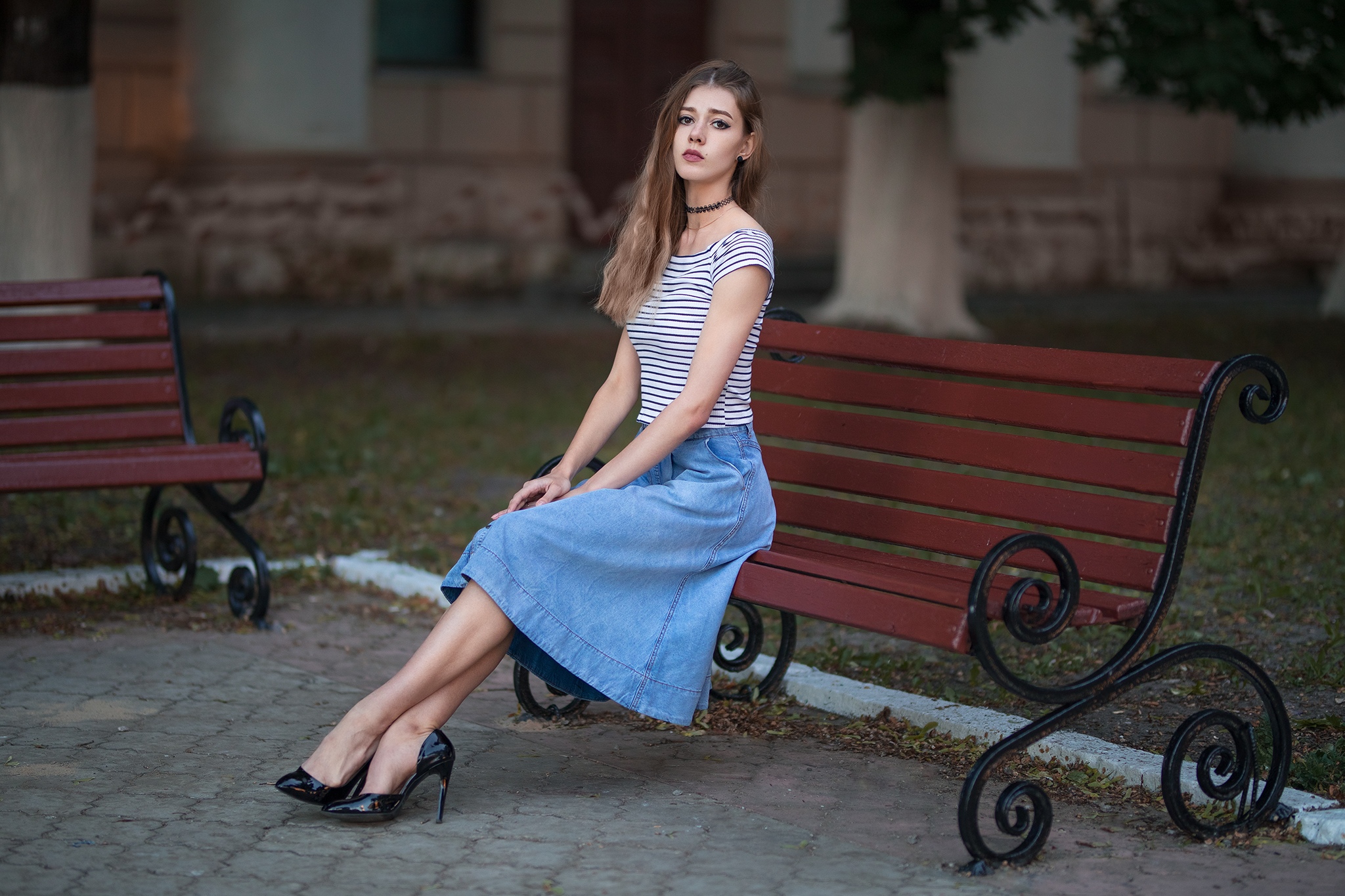 Dmitry Shulgin Bench Sitting Women Women Outdoors Brunette Eyeliner Striped Tops Diana 2048x1365