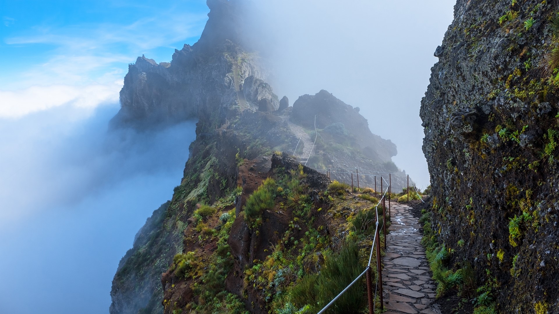 Nature Landscape Walkway Stairs Clouds Sky Plants Mountains Mist Madeira Portugal 1920x1080