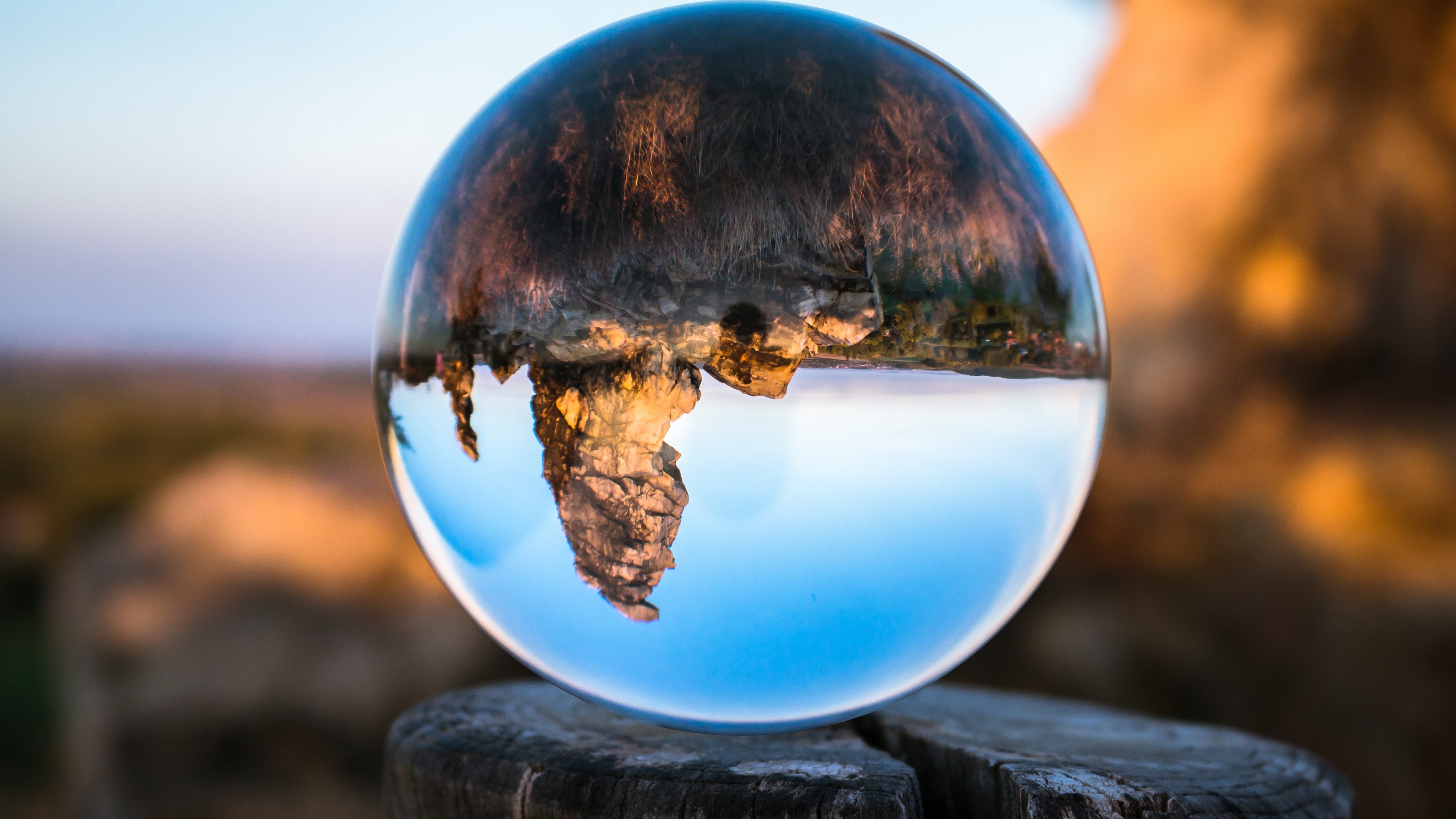 Nature Landscape Trunks Wood Sphere Glass Reflection Mountains Rock Upside Down Trees Depth Of Field 3840x2160