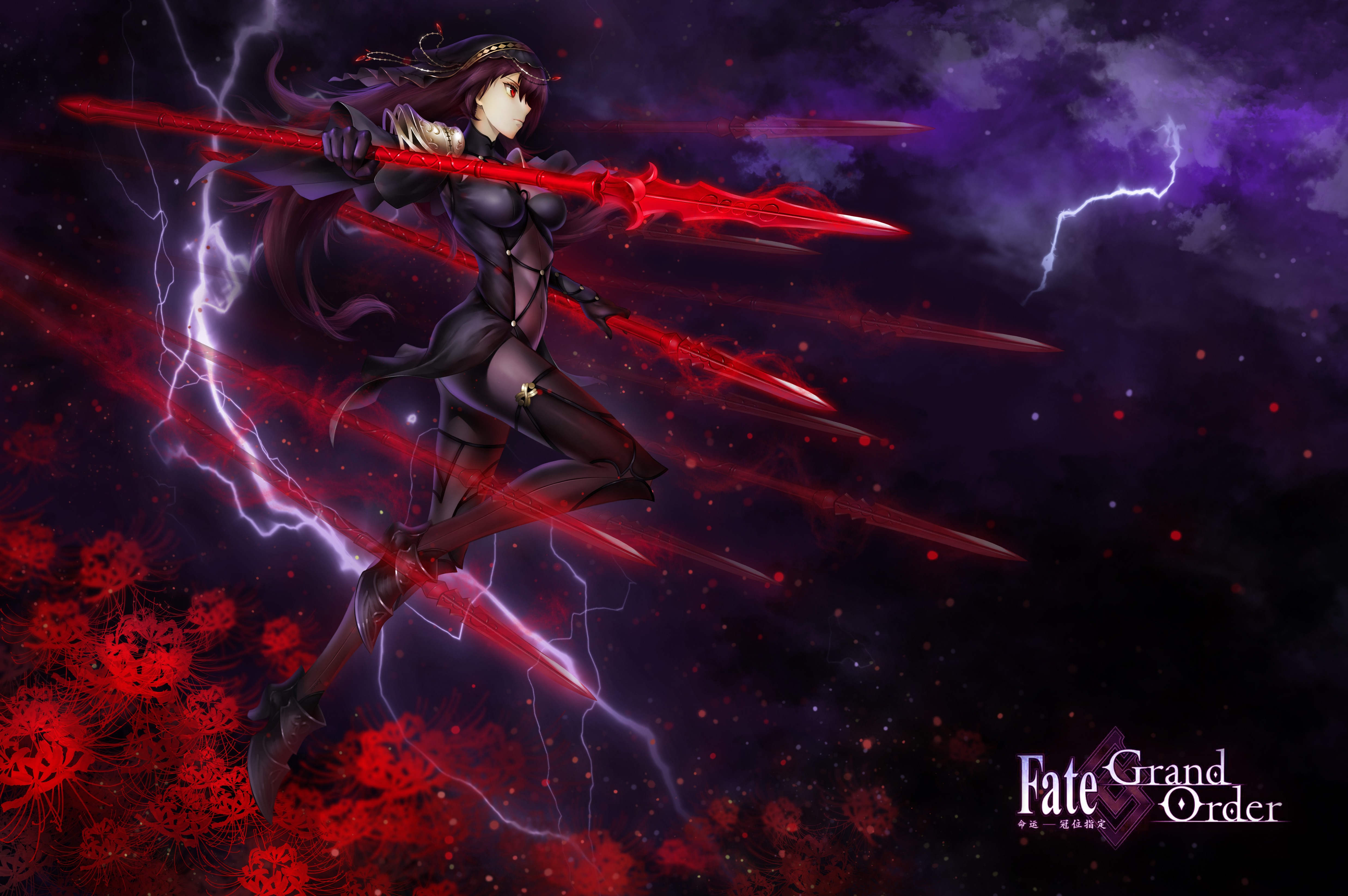 Power Armor Armor Fate Grand Order Fate Series Gloves Headdress Long Hair Violet Hair Red Eyes Spear 4949x3290