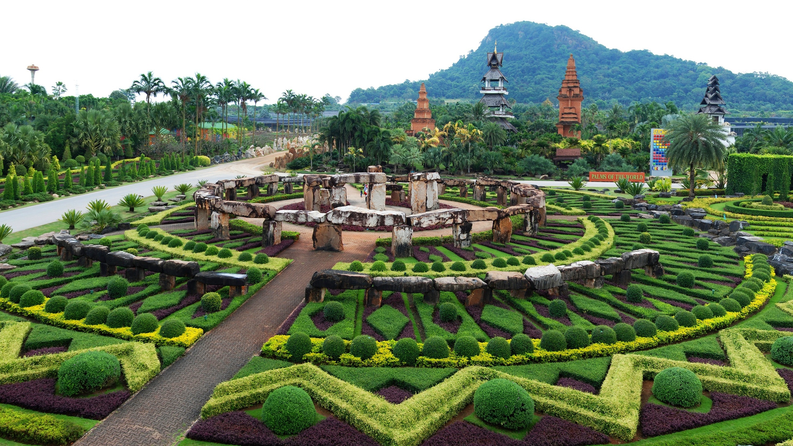 Nature Landscape Trees Forest Garden Circle Stones Tower Botanical Garden Thailand Palm Trees Plants 2560x1440