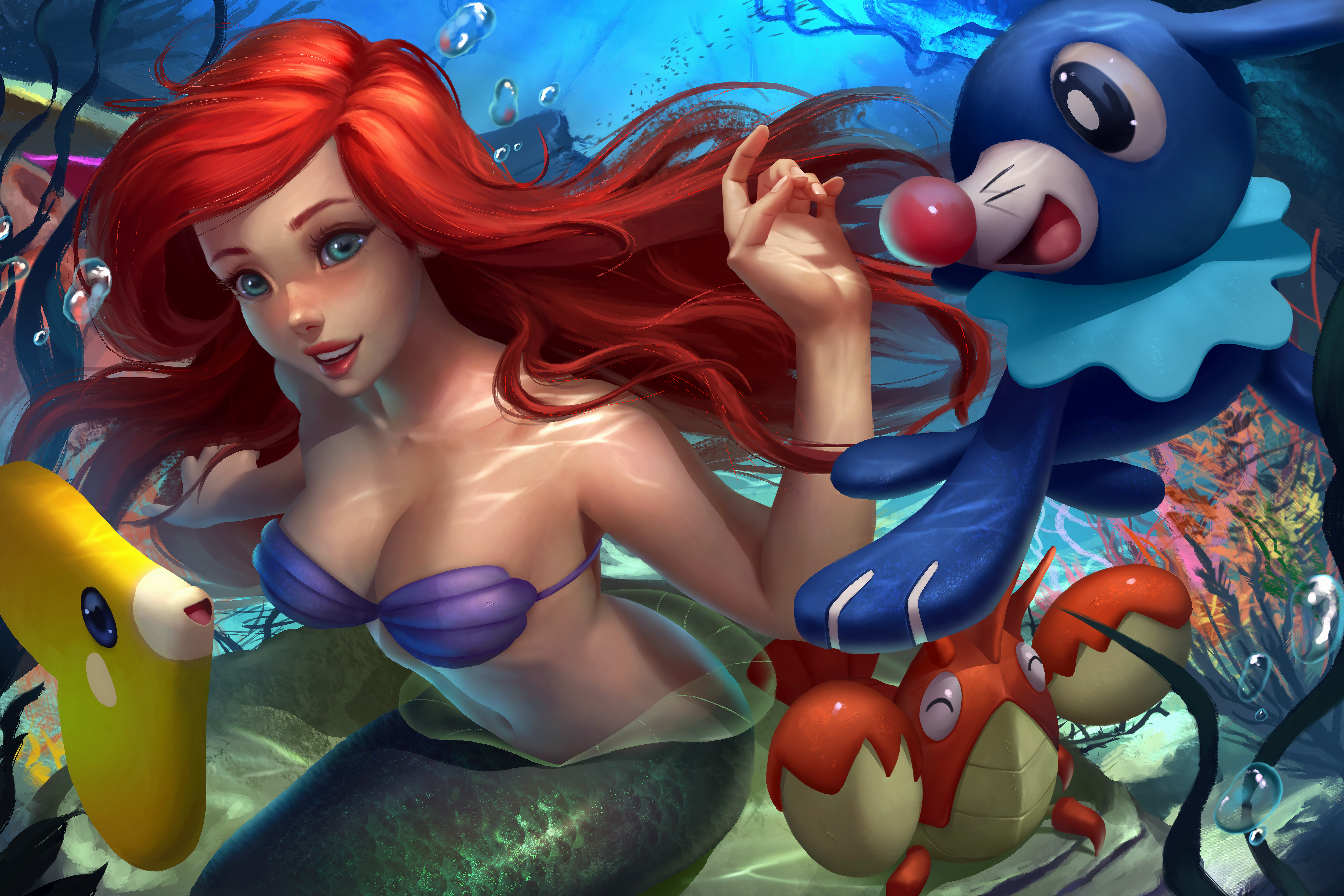 The Little Mermaid Pokemon Crossover Disney Disney Princesses Mermaids Redhead Long Hair Blue Eyes S 6551x4367