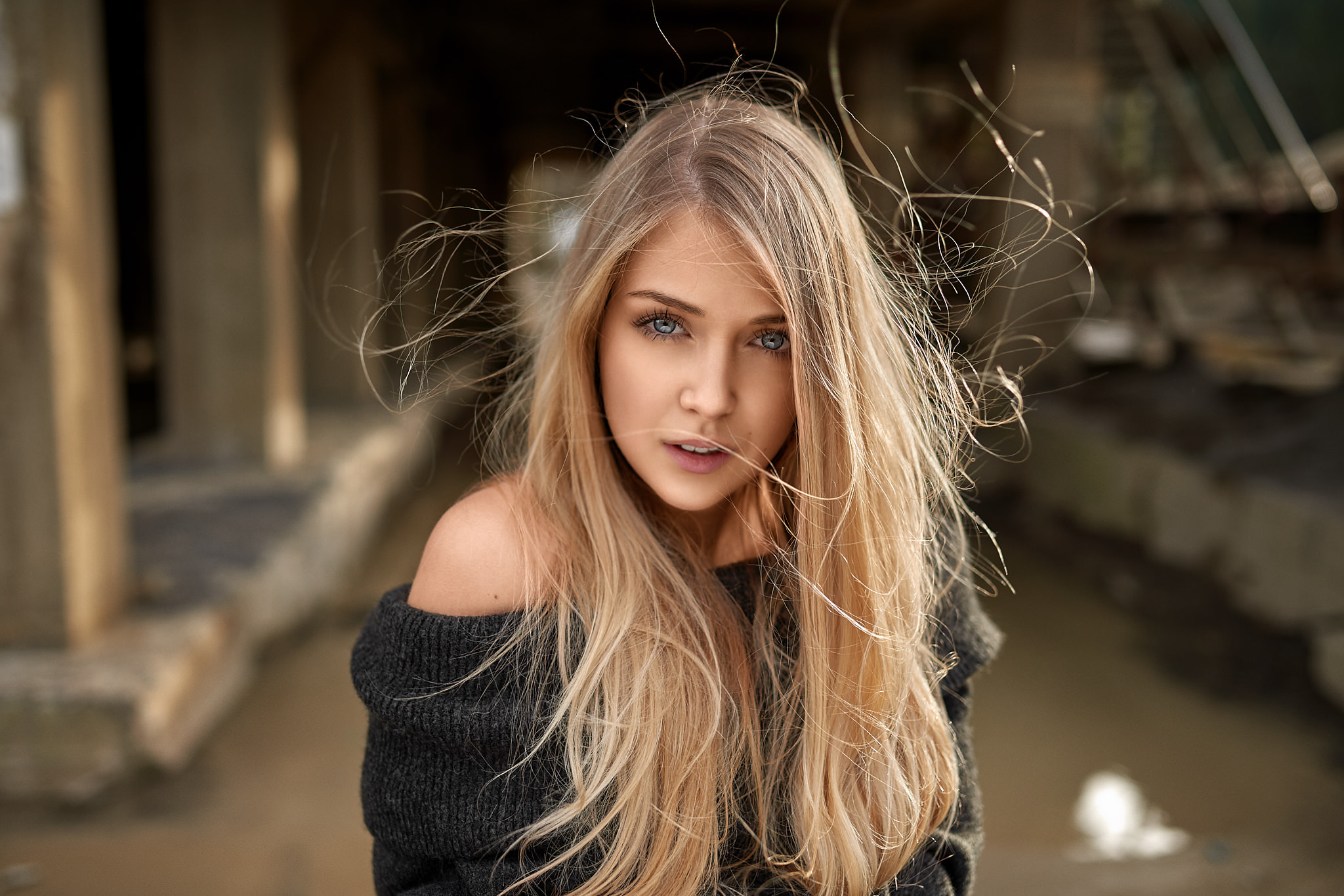 Women Blonde Face Long Hair Sweater Blue Eyes Bare Shoulders Portrait Bokeh Windy Alex Fetter Lookin 2048x1365