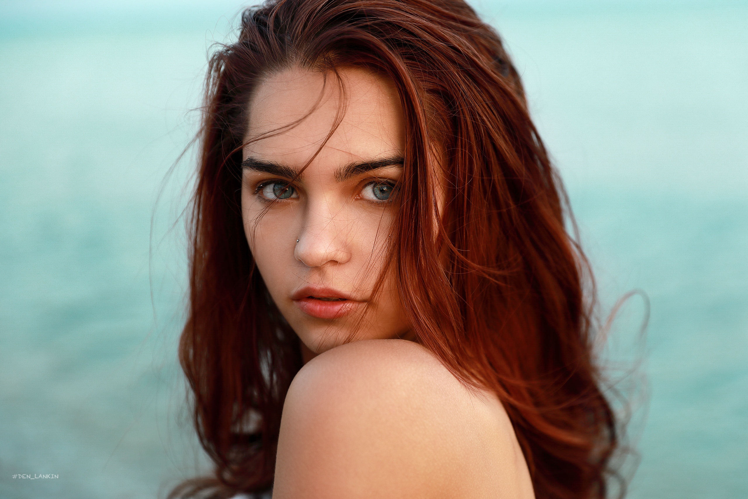 Women Face Portrait Pierced Nose Redhead Gray Eyes Denis Lankin Bare