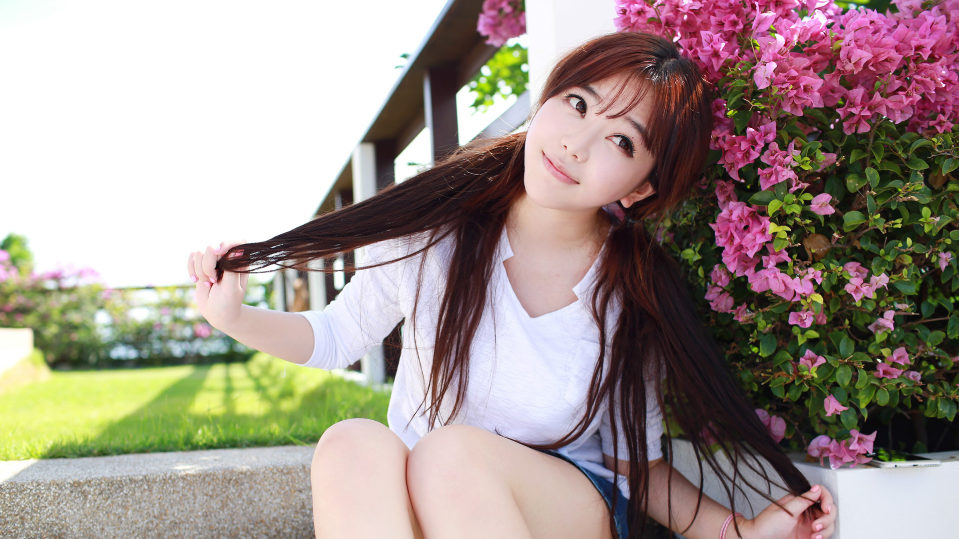 Asian Women Model Pigtails Brunette Women Outdoors White Blouse Hair Pulling Smiling Looking Away 1920x1080