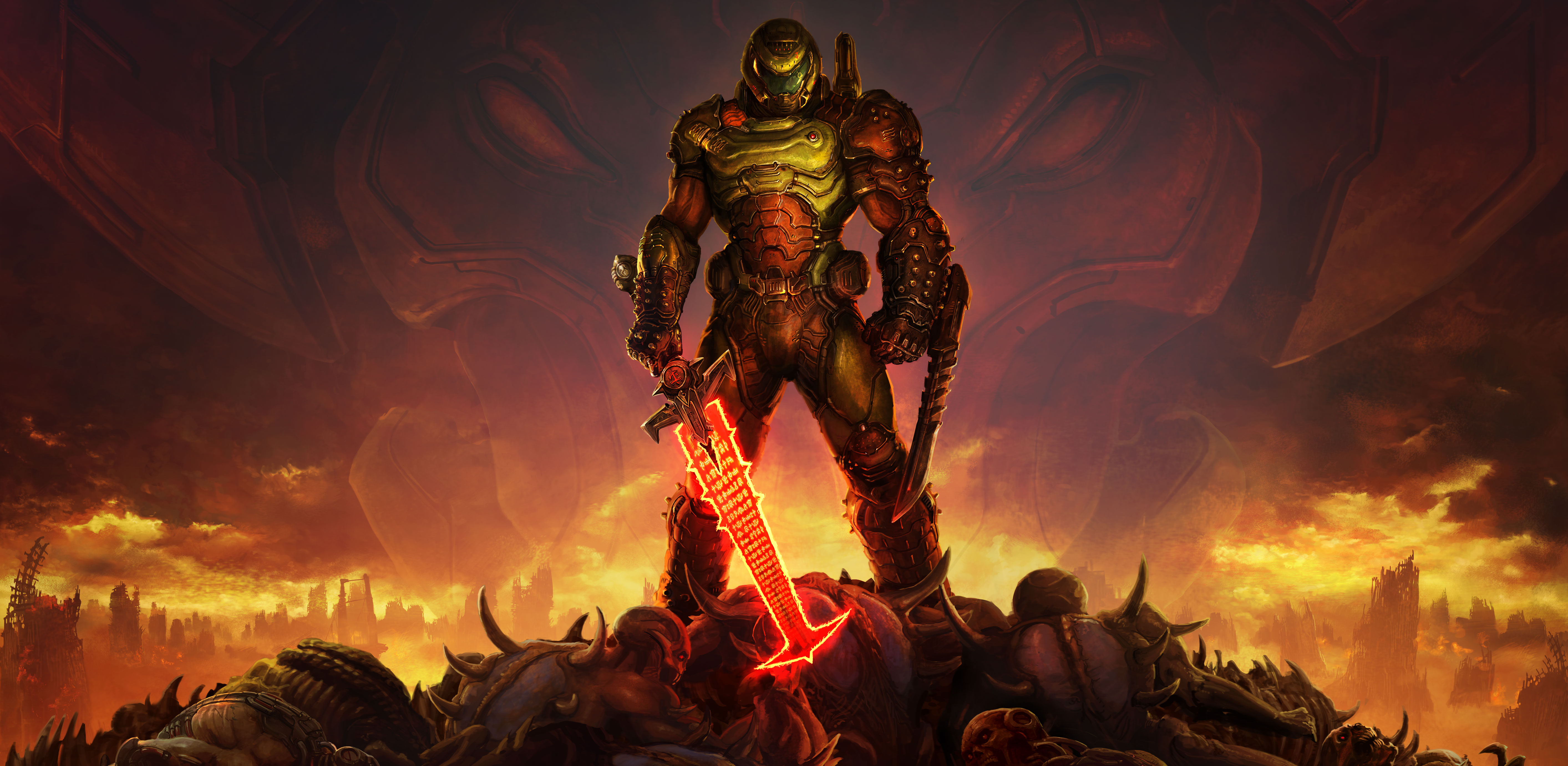 DOOM Eternal Doom Slayers Club Video Game Art Video Games Doom Game Armored Sword Apocalyptic 5654x2763