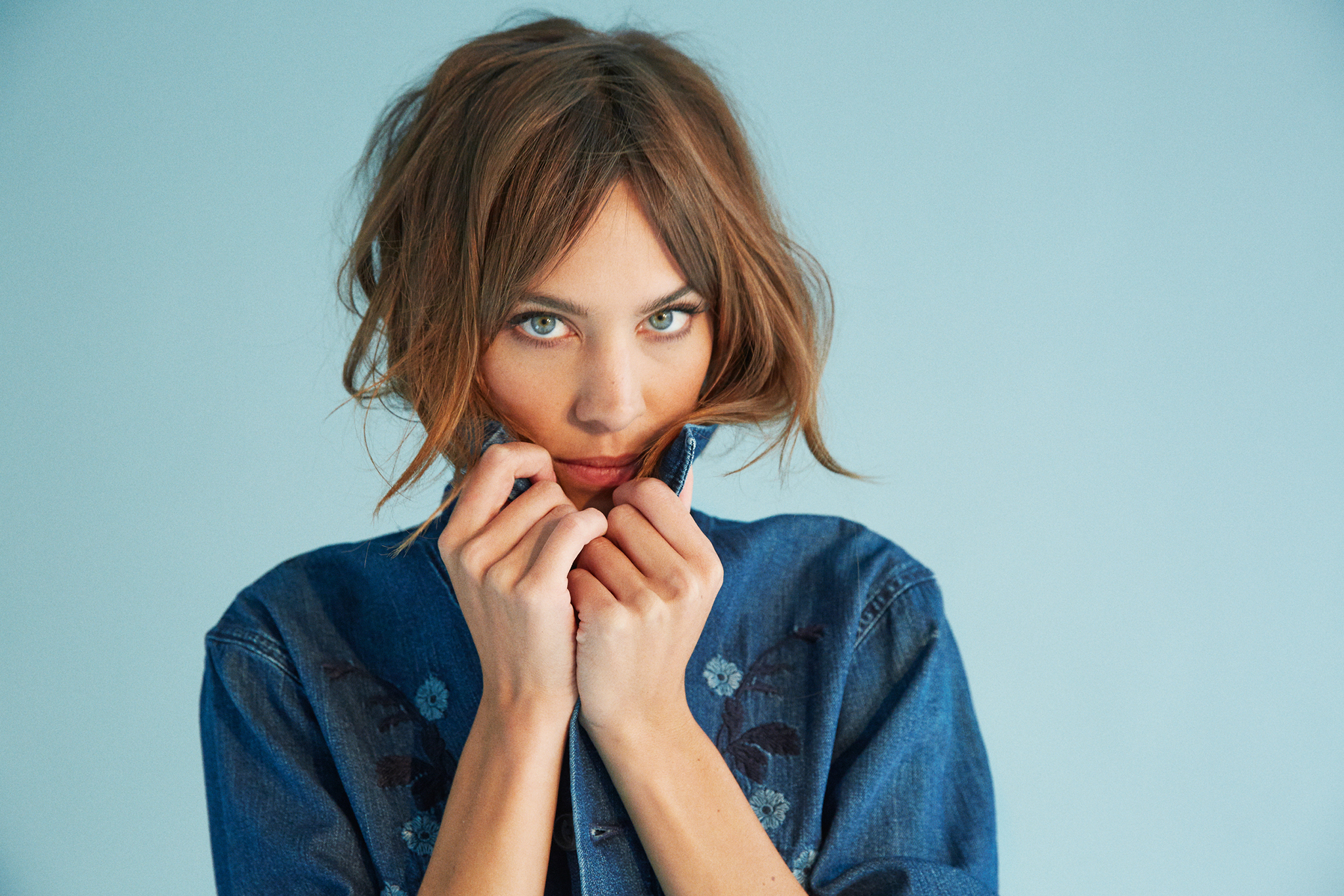 Alexa Chung Women Model Blue Eyes Simple Background Blue Background Looking At Viewer 2048x1366