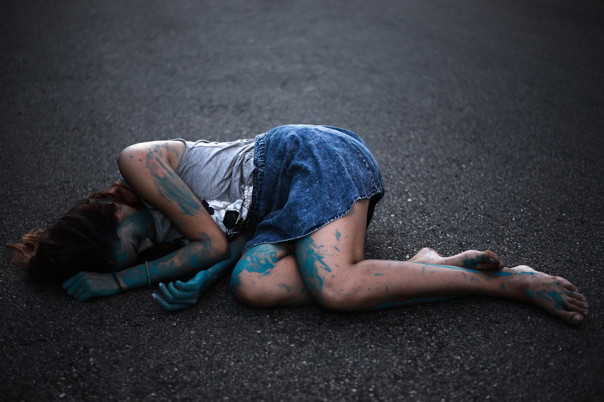 Women Body Paint Denim Skirt Vignette Blue Barefoot Lying Down Ground 2048x1365