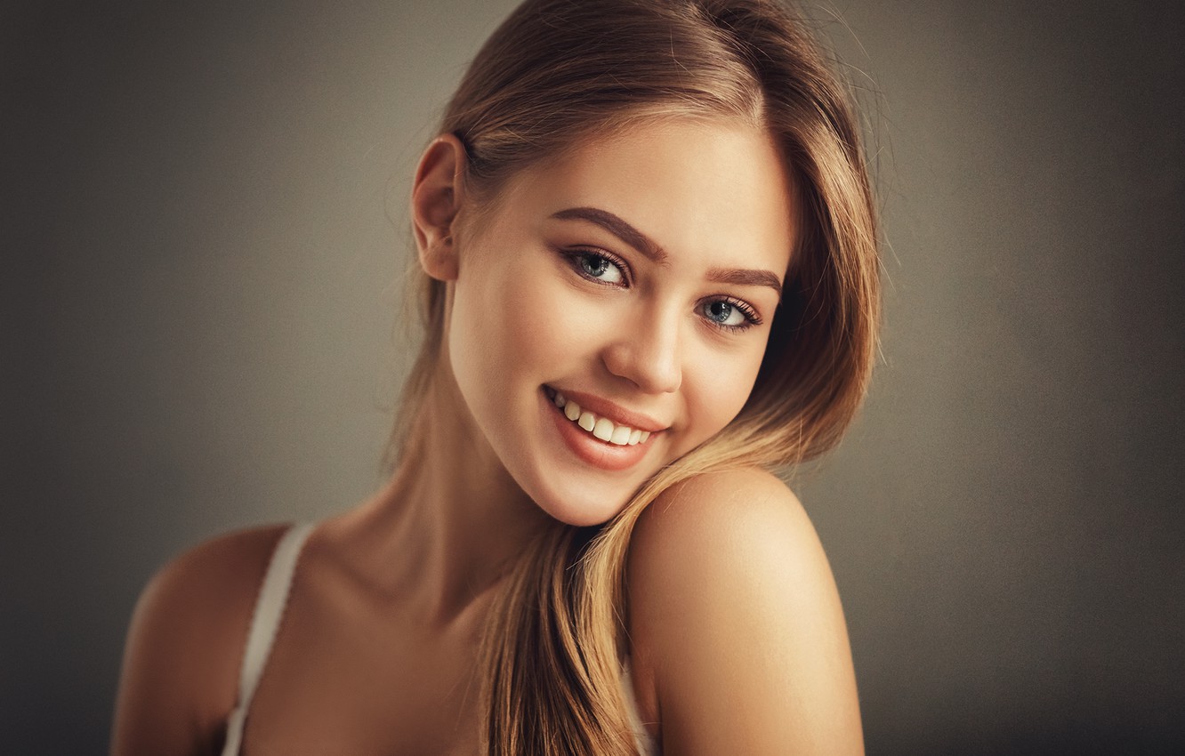 Women Model Blonde Long Hair Nick Konar Simple Background Face Blue Eyes Smiling Bare Shoulders Port 1332x850