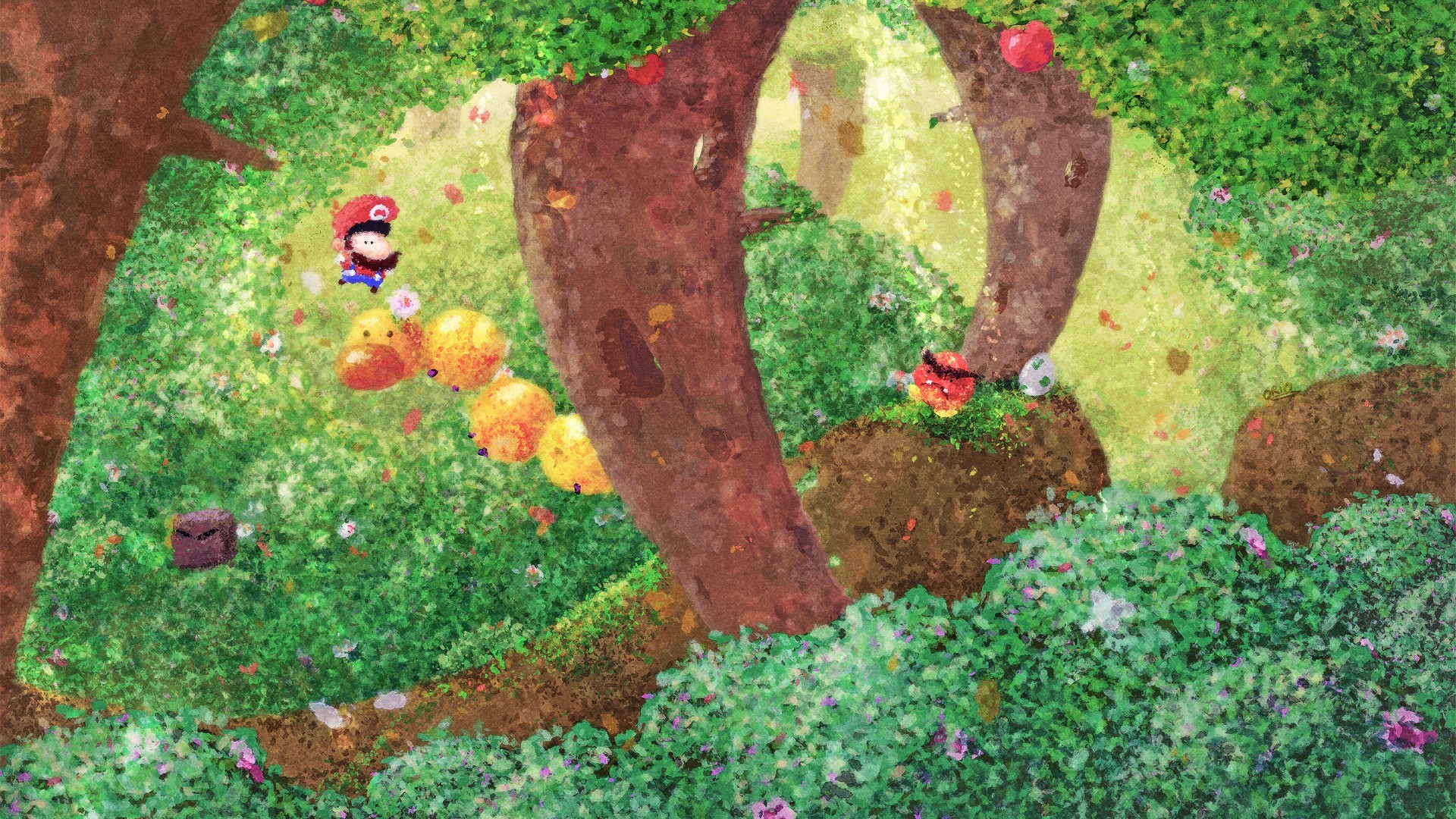 Digital Art Super Mario Goomba Forest Video Games 1920x1080
