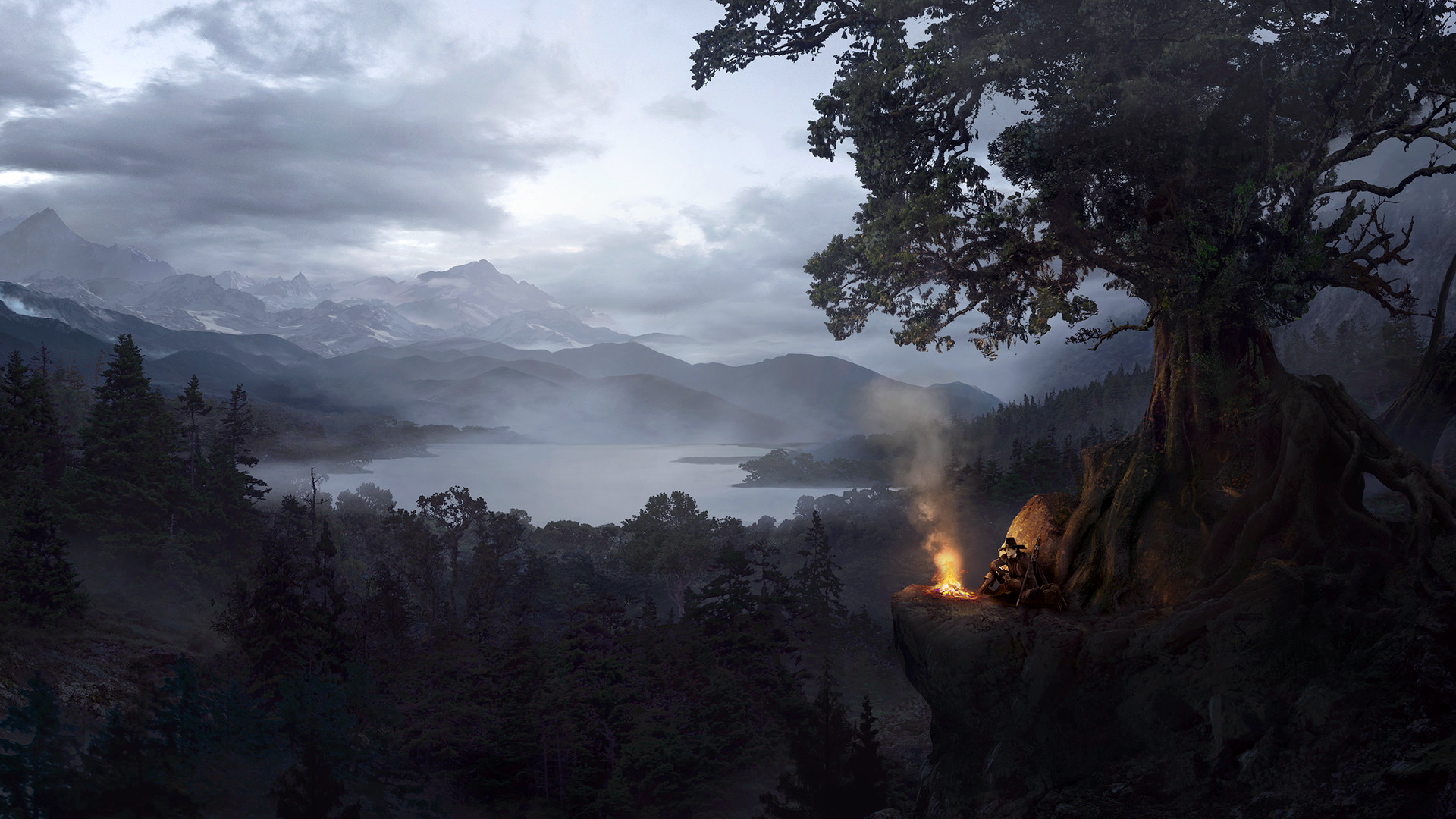 Guillem H Pongiluppi Digital Art Artwork Landscape Campfire Trees Mountains Lake Forest Alone Sittin 1920x1080
