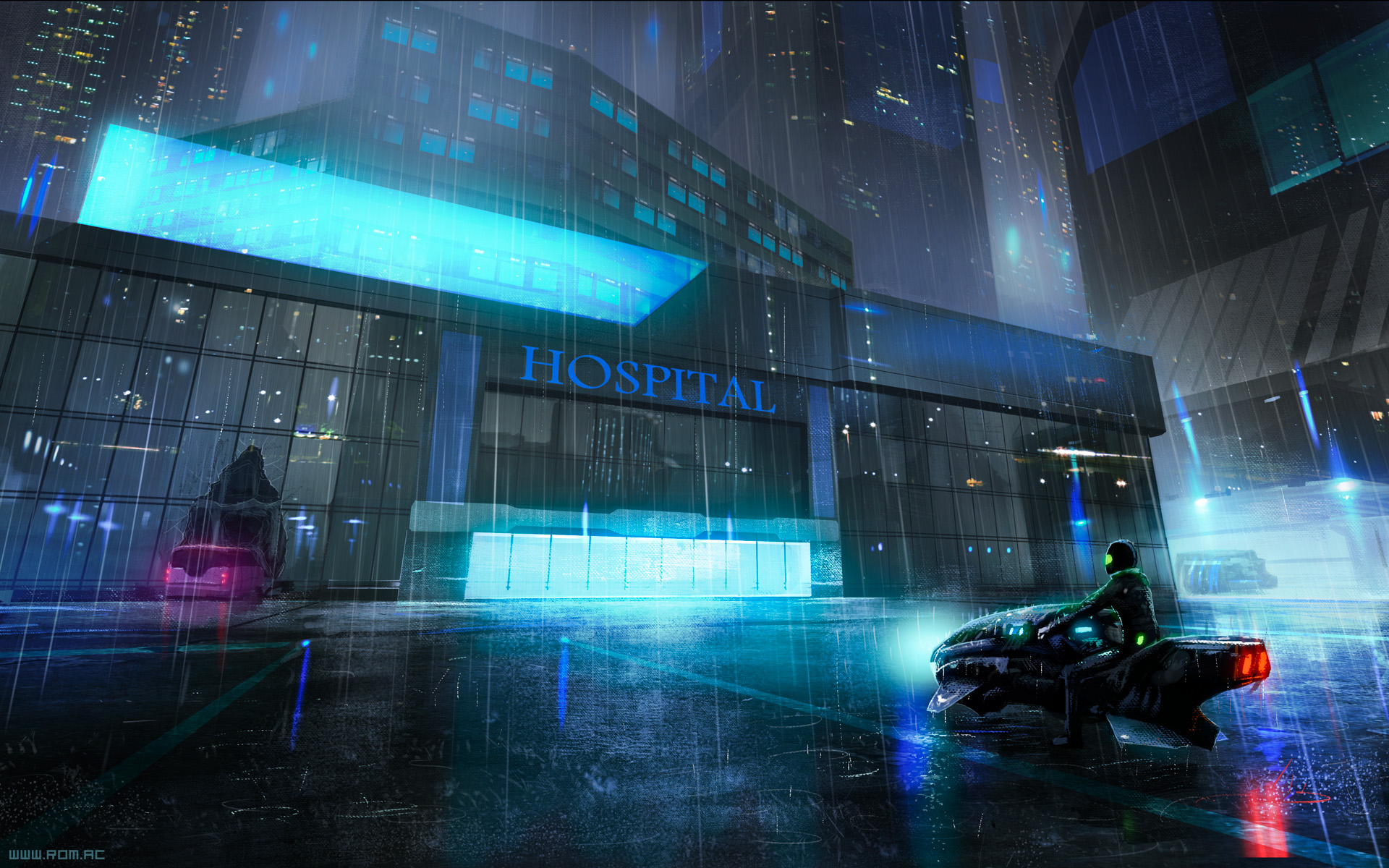 Hospital Rain Night Motorcycle Vehicle Cityscape Building Blue Light Wet Digital Art 1920x1200
