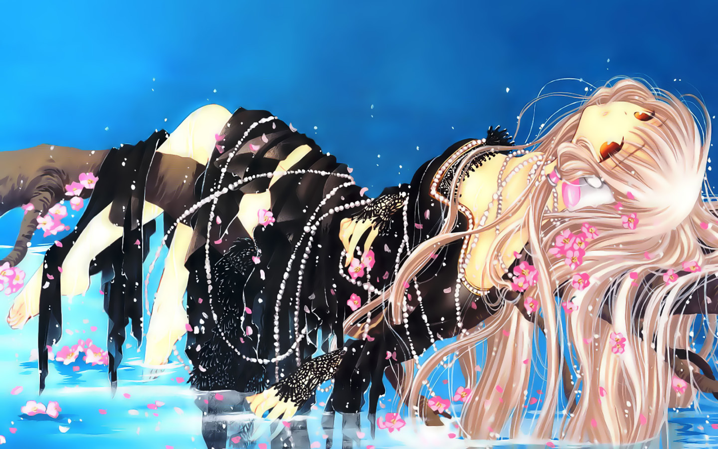 Chobits Chii Anime Girls Red Eyes Blonde Water Flowers Long Hair 1440x900