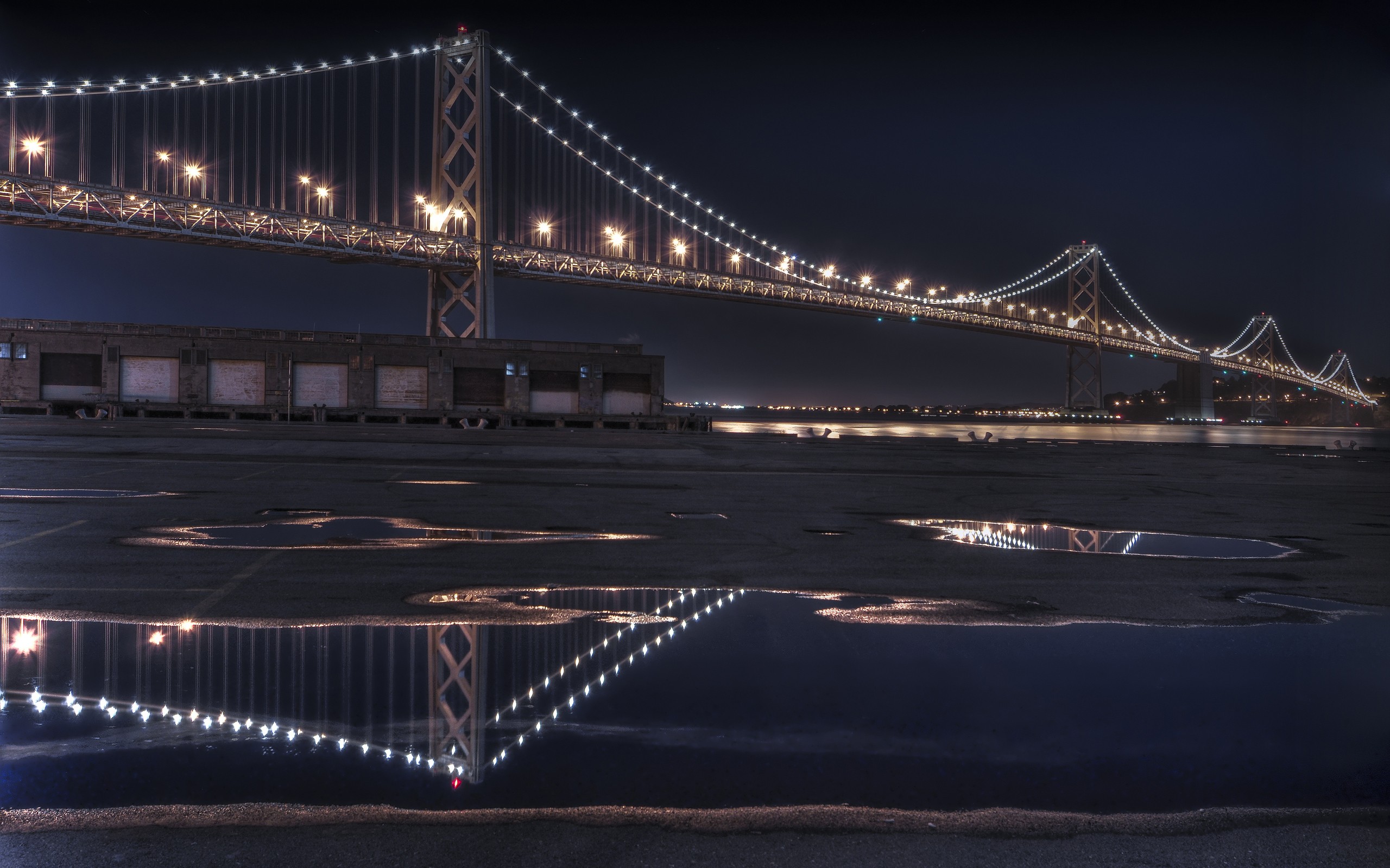 Bridge Night San Francisco Oakland Bay Bridge Pond Reflection Lights 2560x1600