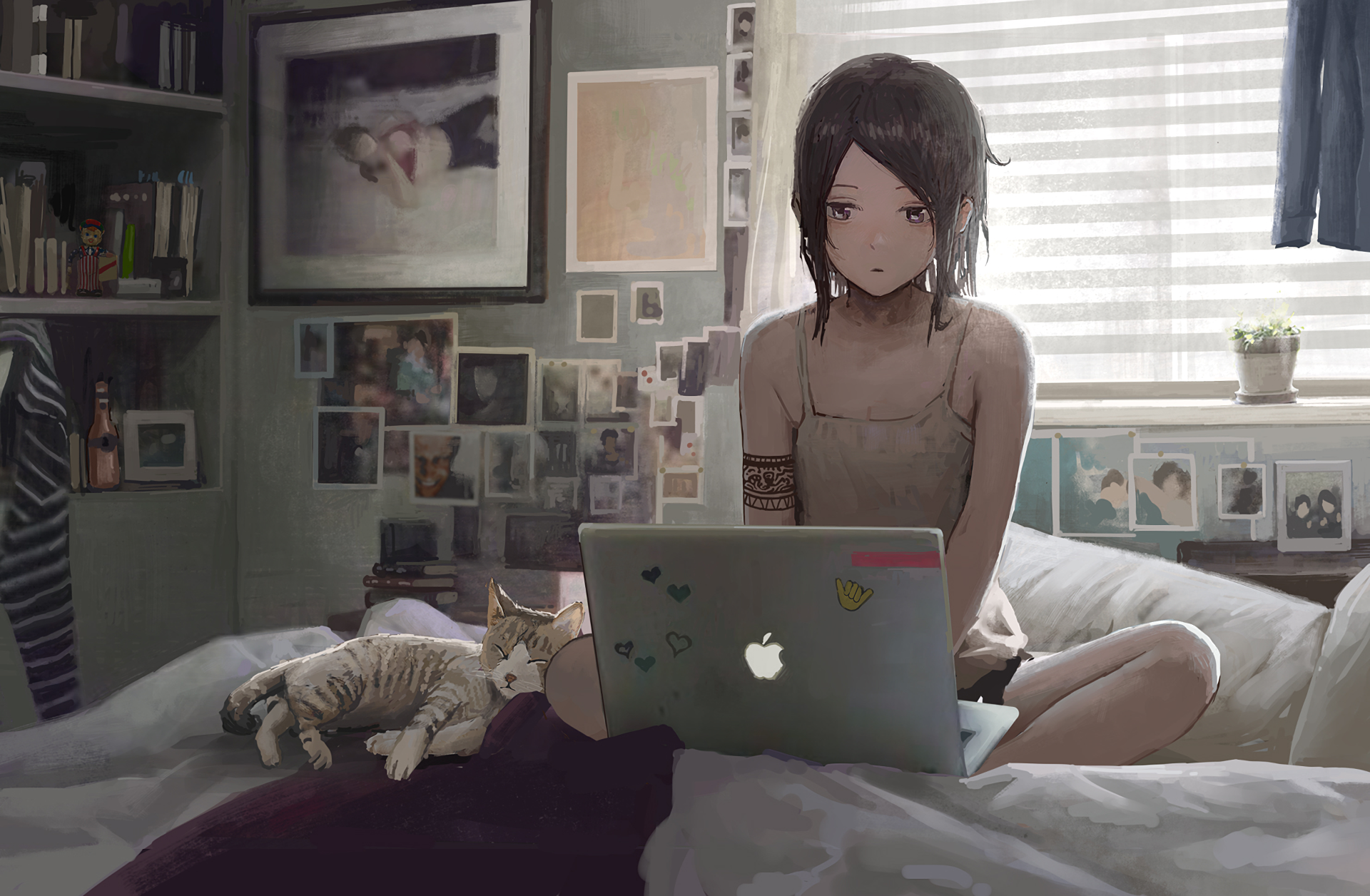 Women Anime Girls Brunette Cats Mac Book Bed Digital Art Artwork Laptop Bedroom Tattoo Original Char 1920x1256