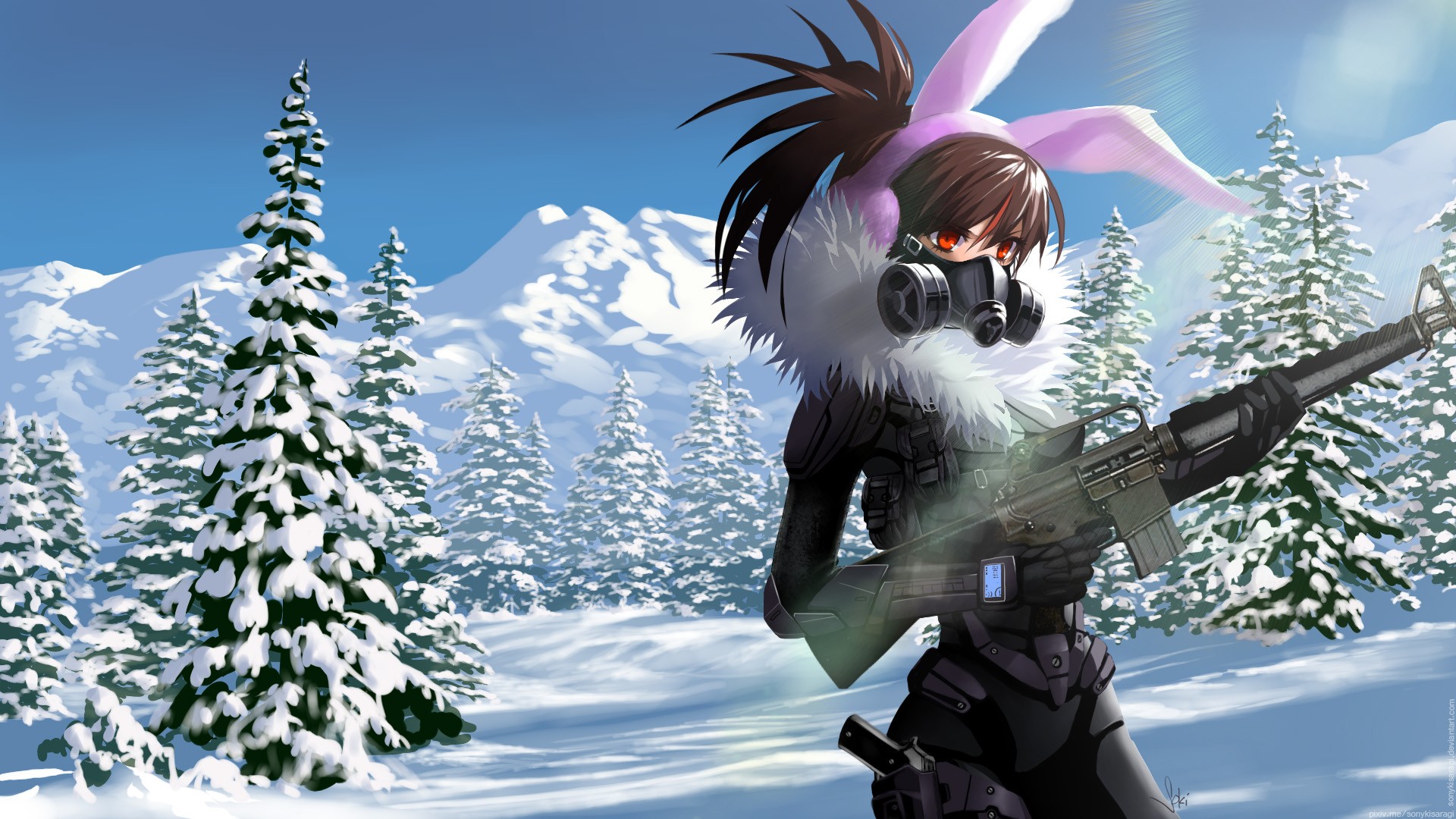 Anime Anime Girls Long Hair Snow Winter Weapon Gun Brunette Red Eyes Bunny Ears Headphones M16 1920x1080