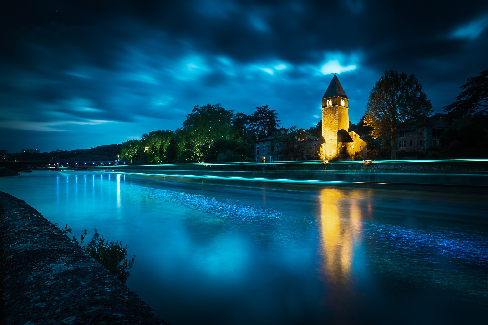 France Water Dark Building Lyon Night River Blue Clouds Light Trails 2048x1365