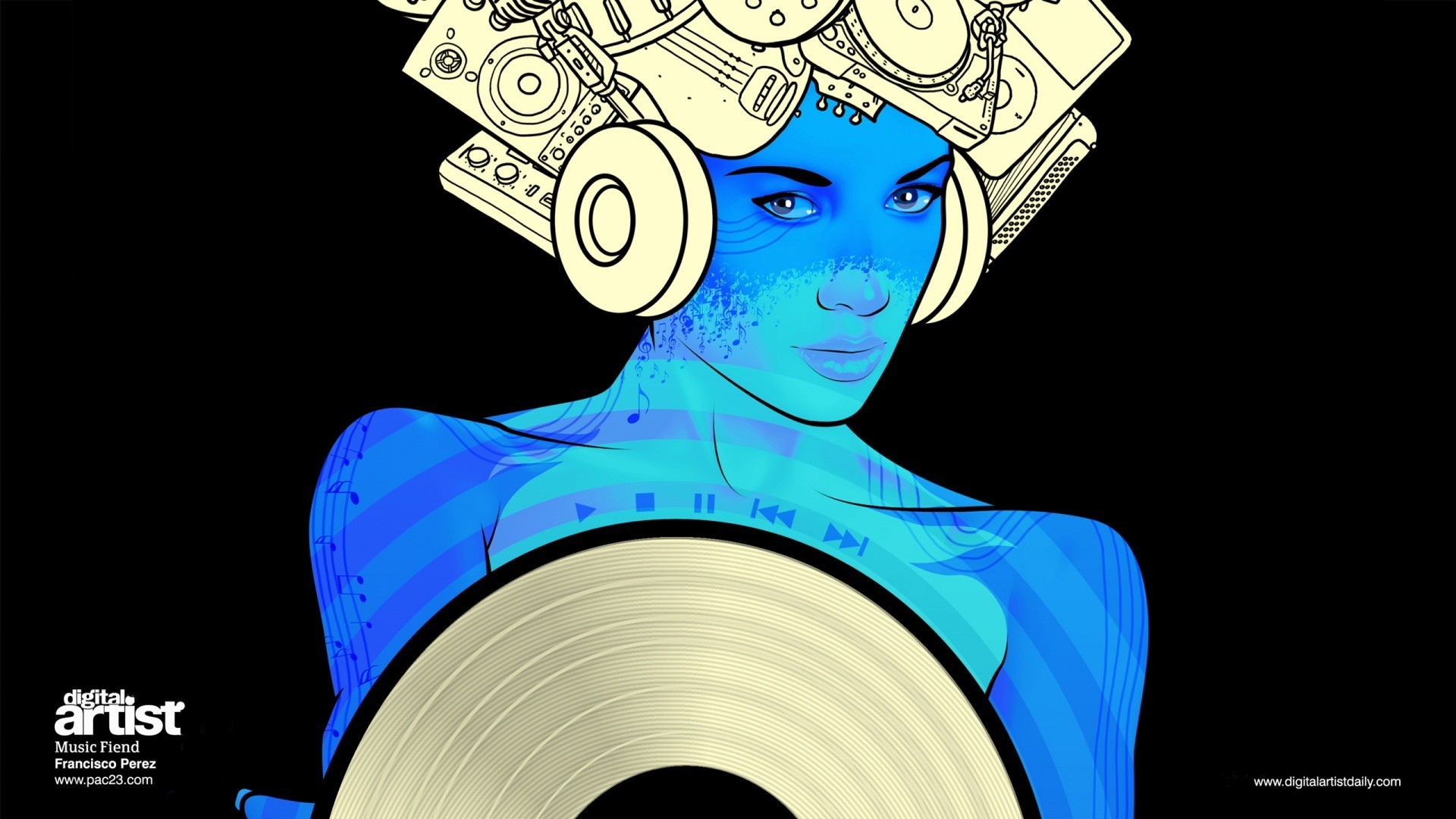 Women Digital Art Blue Skin Music 1920x1080