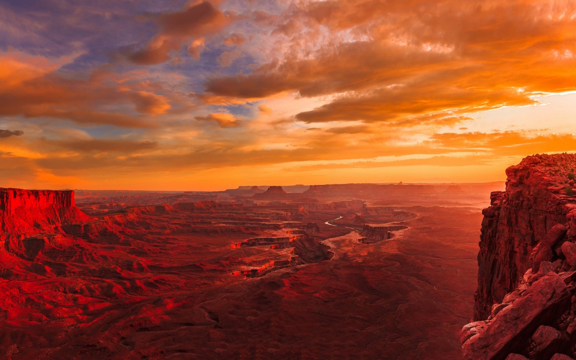 Landscape Nature Sunset Utah Canyonlands National Park River Clouds Erosion Red Gold Panoramas 1920x1200