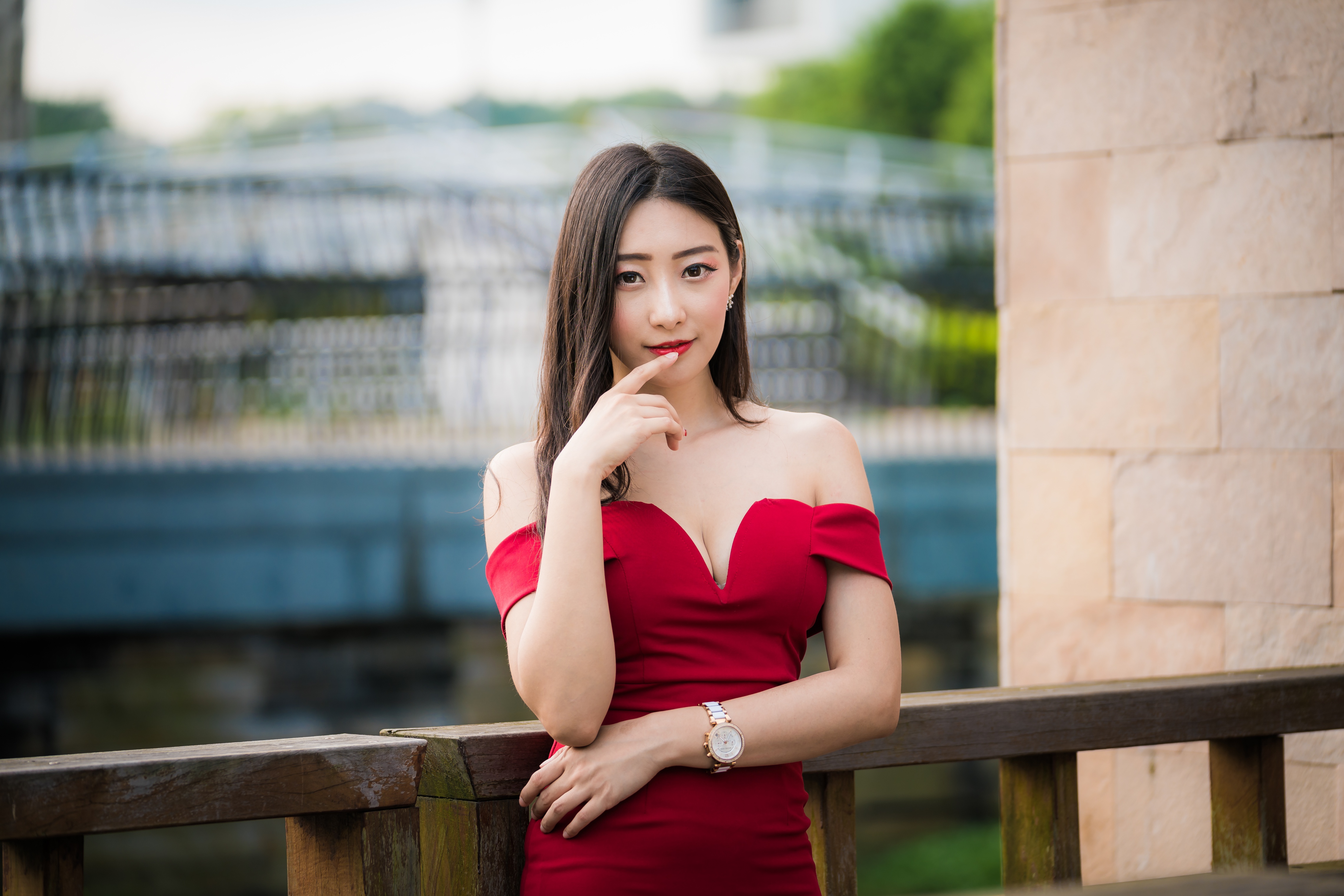 Asian Women Model Railings Red Dress Depth Of Field Red Lipstick Long Hair Brunette Wristwatch Earri 4562x3043