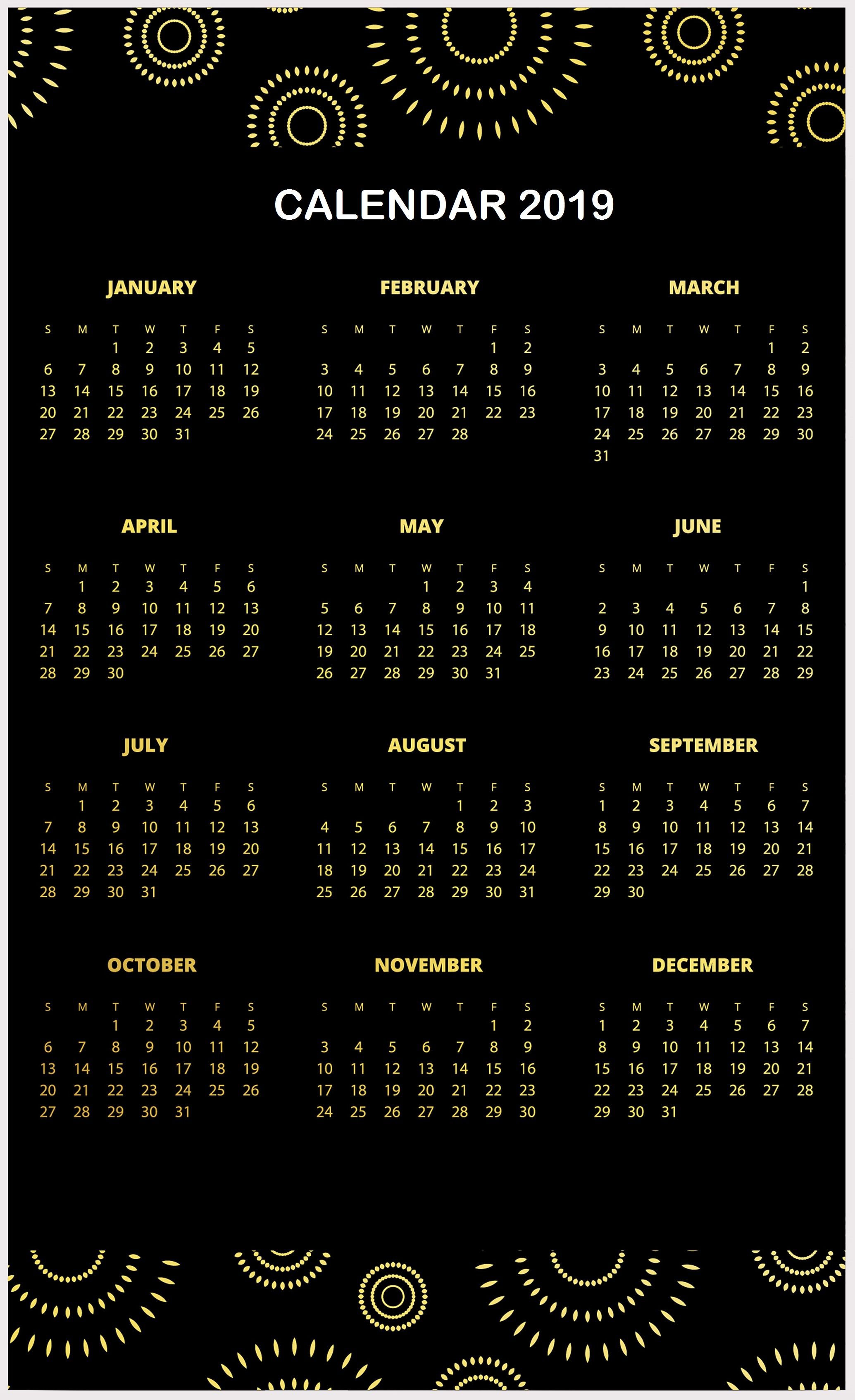 2019 Year Calendar Portrait Display Month Black Background Frame Ornament Abstract Vertical Numbers 2069x3389