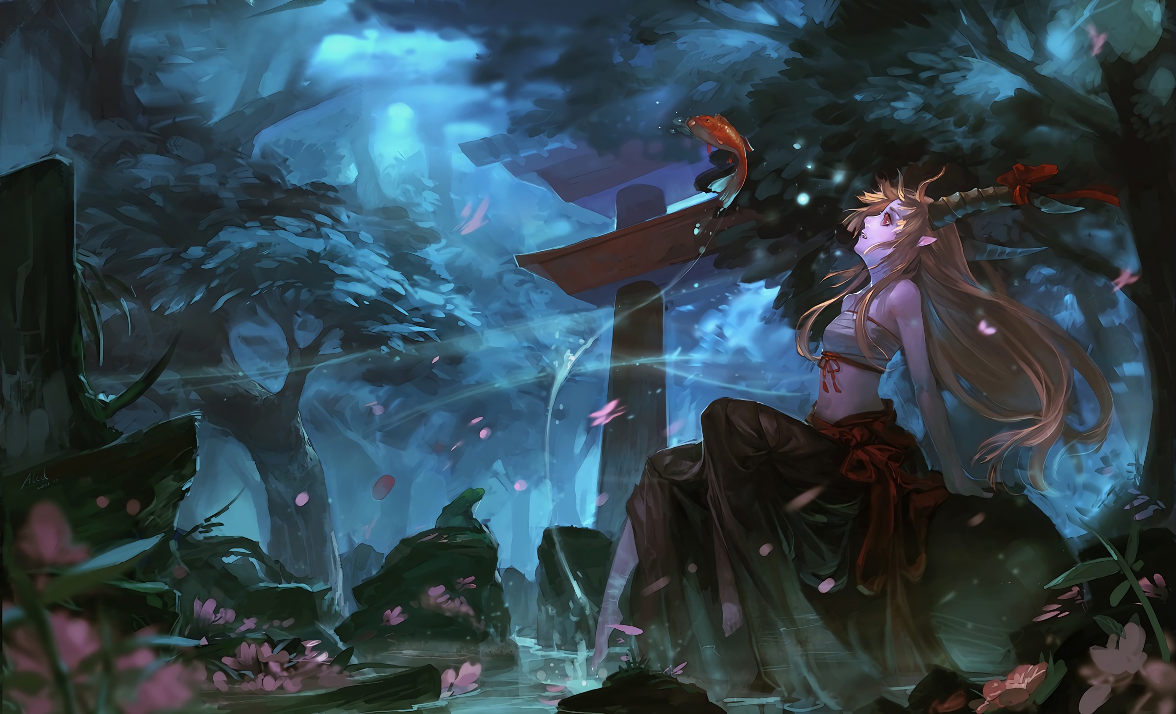 Touhou Ibuki Suika Night Fish Pond Anime Anime Girls Japanese Garden Horns Onigirl Fantasy Art 2400x1458