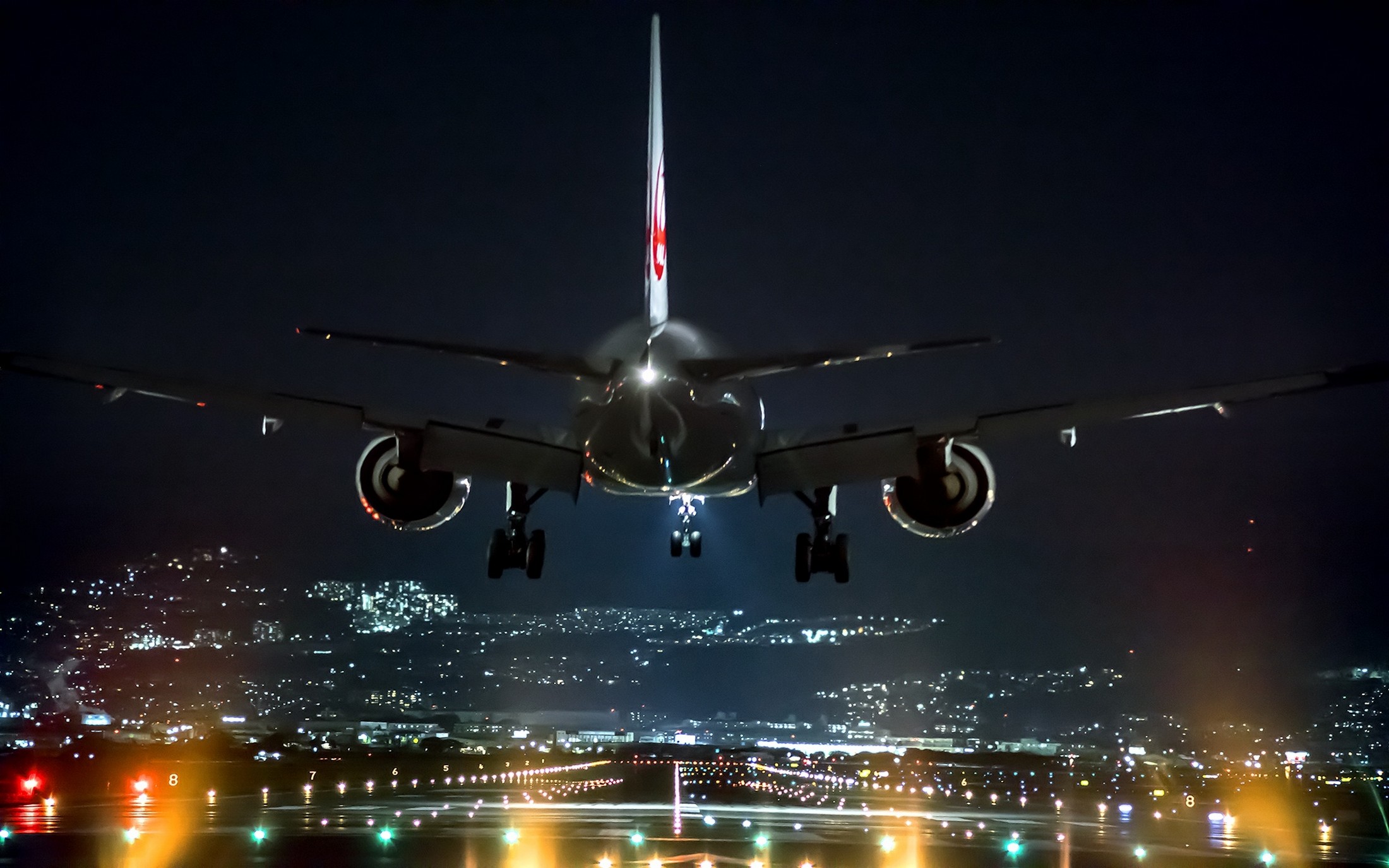 Landscape Night Airport Airplane Lights Landing Technology Osaka Japan Cityscape 2200x1375