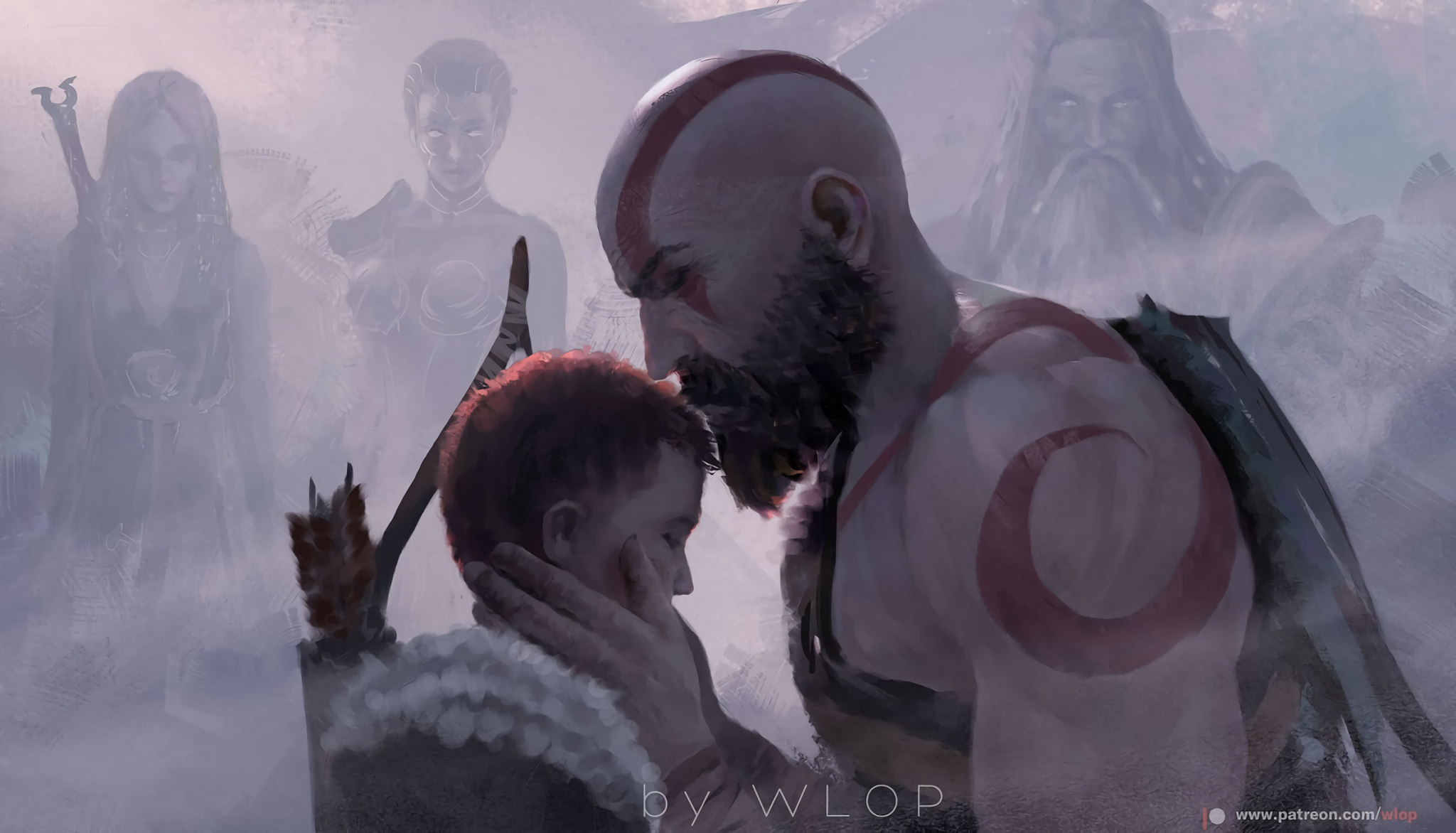 Digital Art Artwork Video Games Kratos Men Beard WLOP Tattoo God Of War God Of War 2018 Atreus Athen 2048x1172