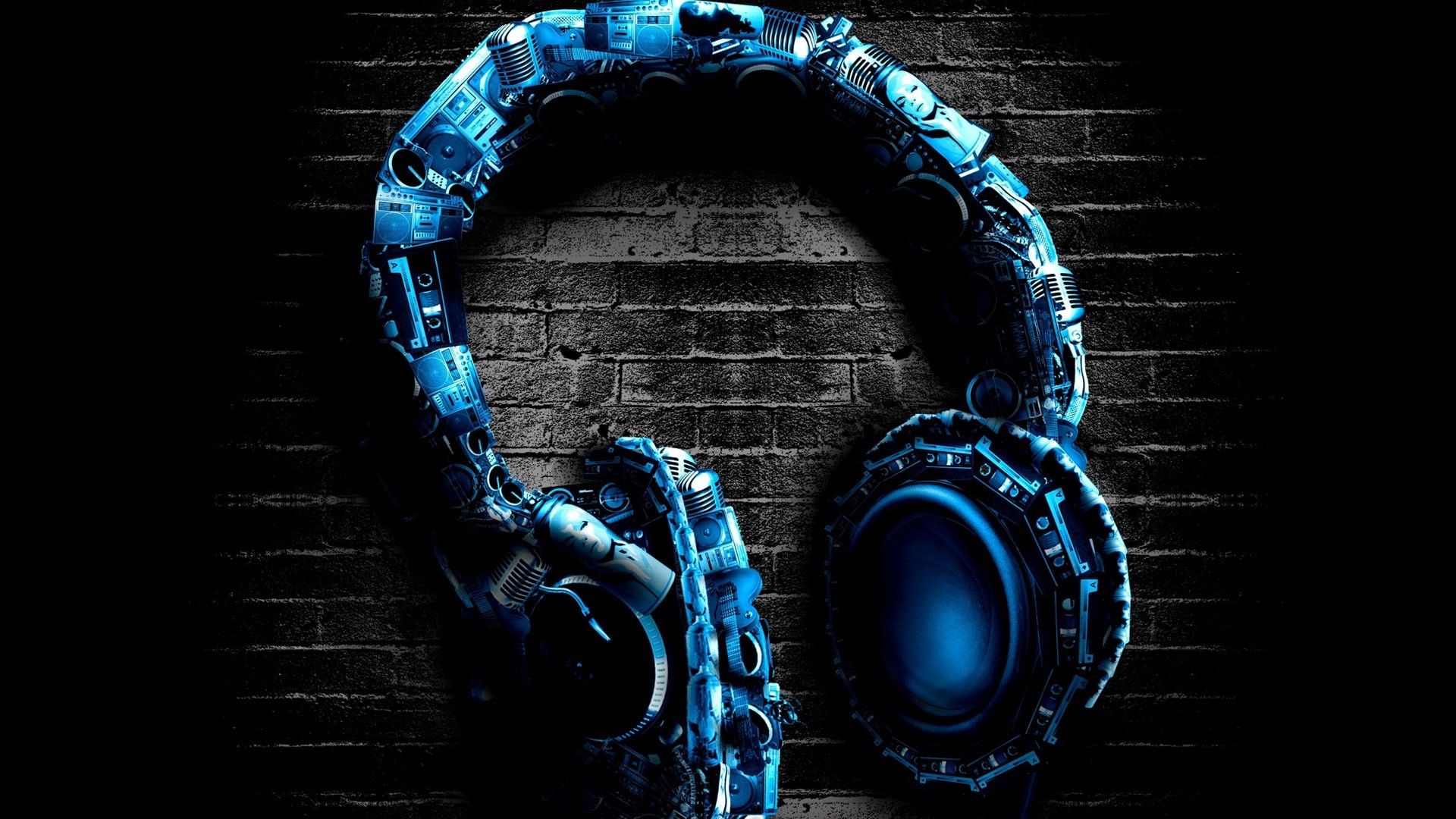 Black Background Minimalism Headphones Collage Microphone Cassette Boom Box Music Wall Bricks 1920x1080