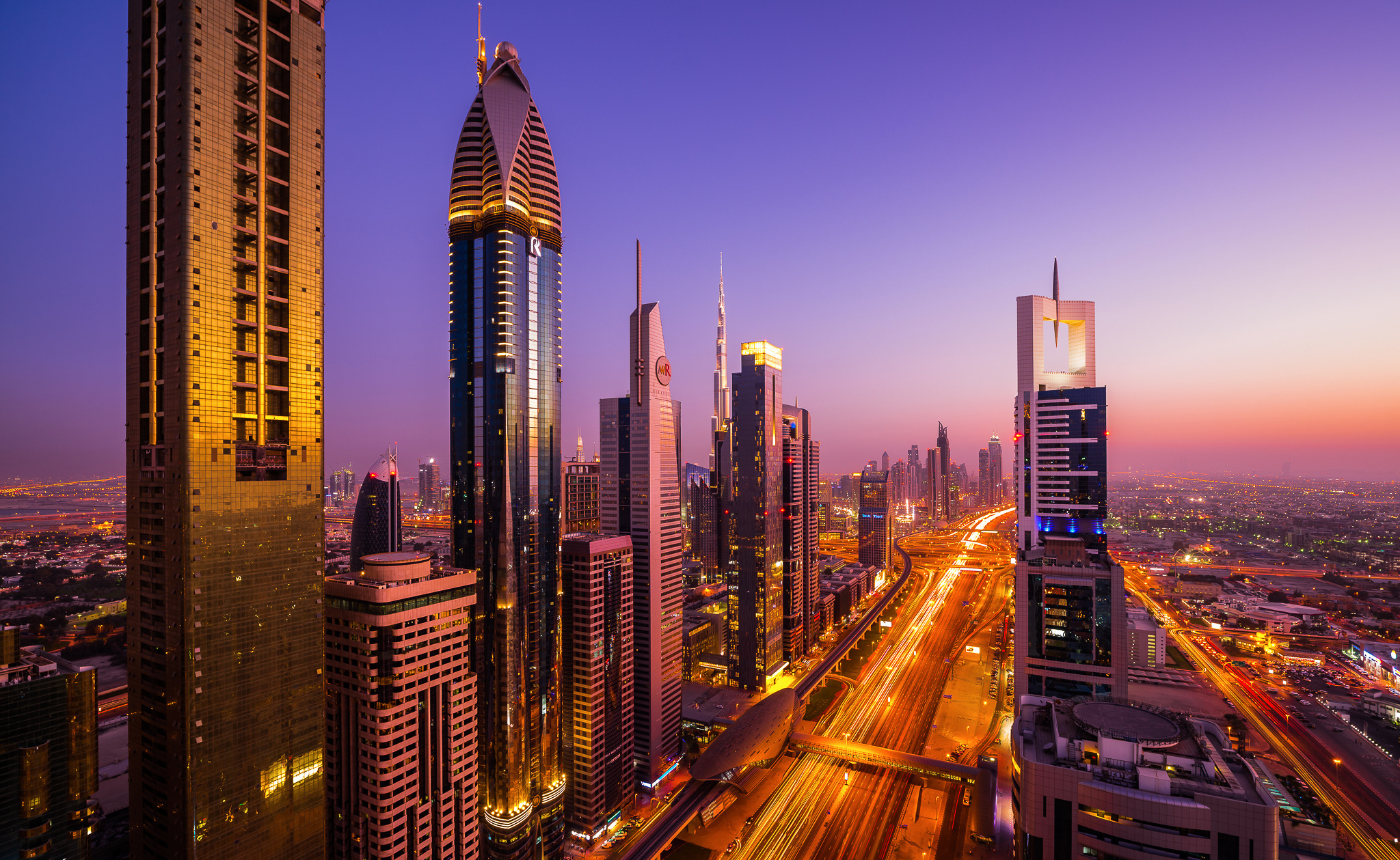 Dubai United Arab Emirates Sheikh Zayed Avenue Tower Rose Tower Twilight Cityscape Monorail Skyscrap 2048x1259