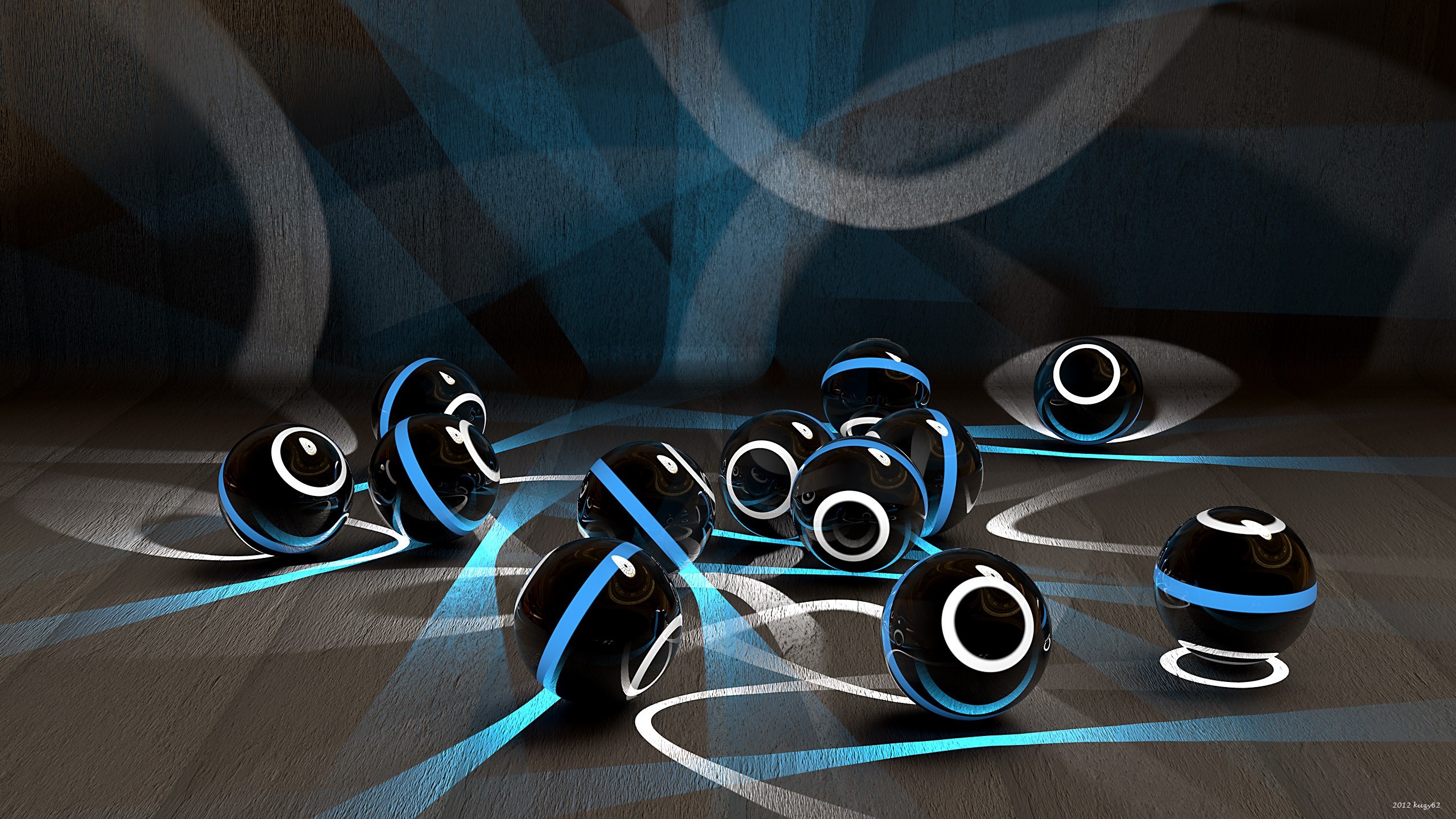 Digital Art Balls Lines Shapes Render Cyan Blue Gloss 2560x1440