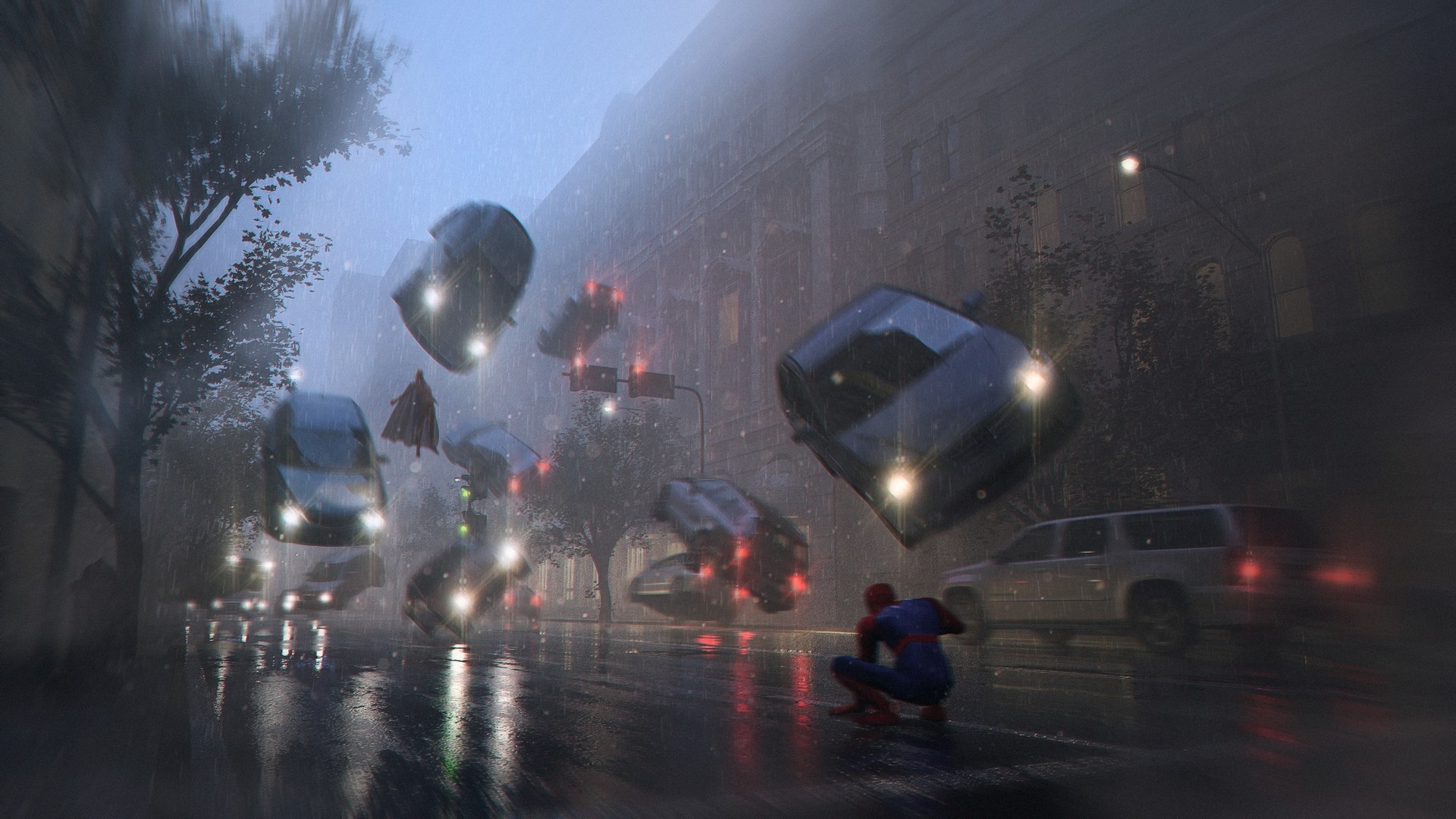 Digital Art Street Rain Magneto Spider Man Comic Art 1920x1080