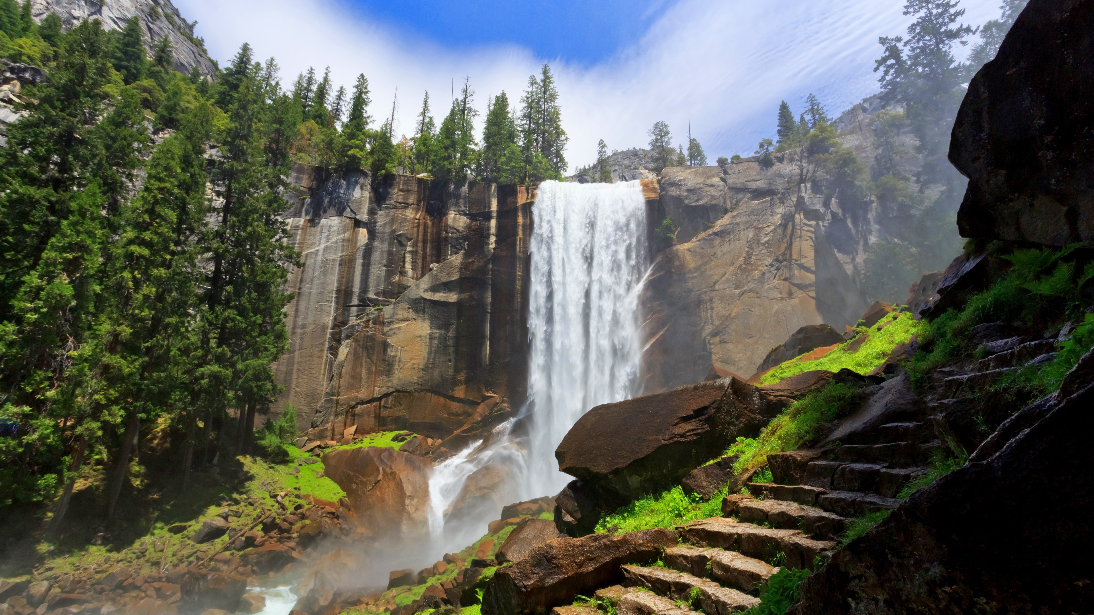 Cliff Waterfall Rocks Rock Stairs 3840x2160