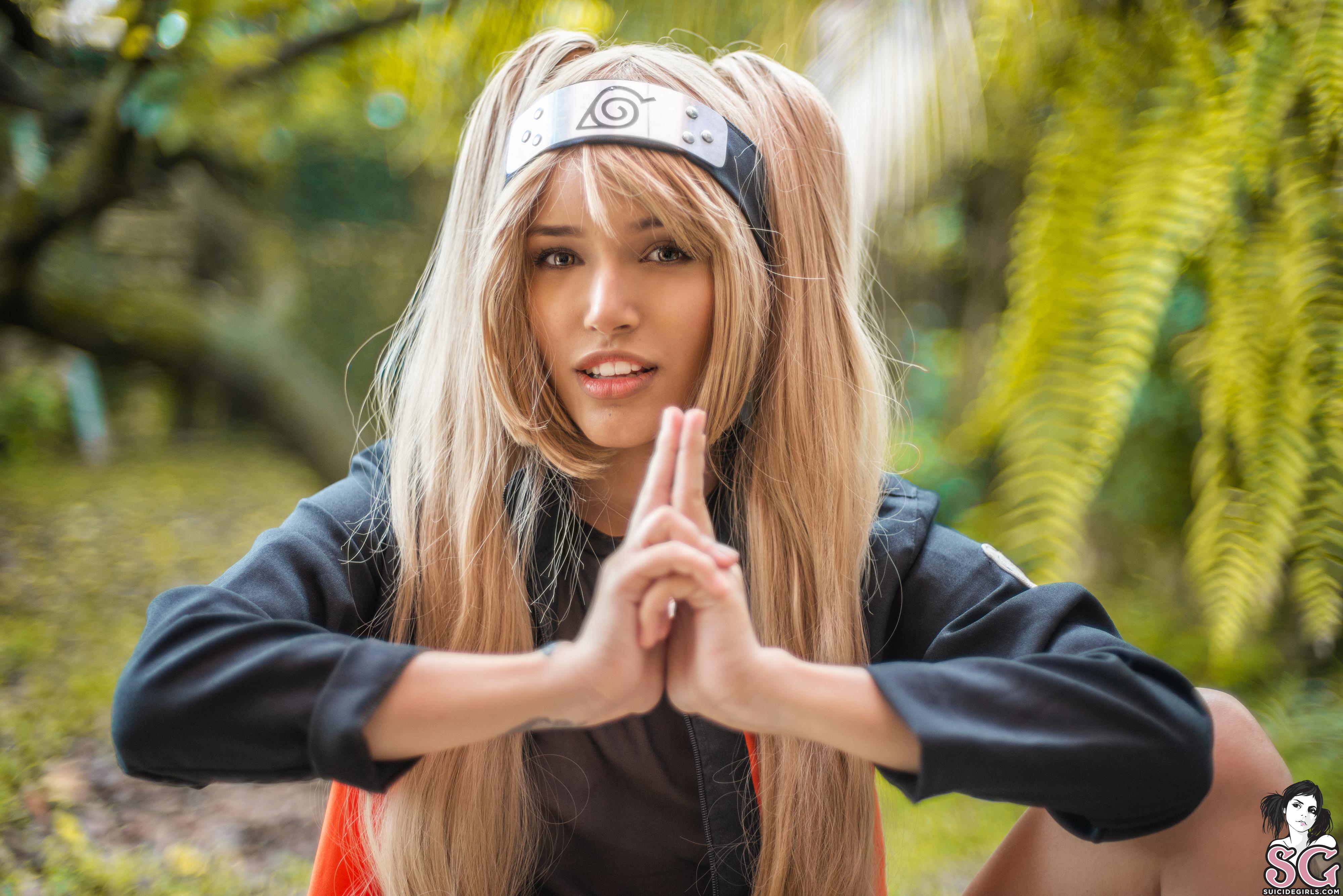 Women Naruto Anime Cosplay Blonde Long Hair Garden Plants Blouse Bandanas Trees 4000x2670
