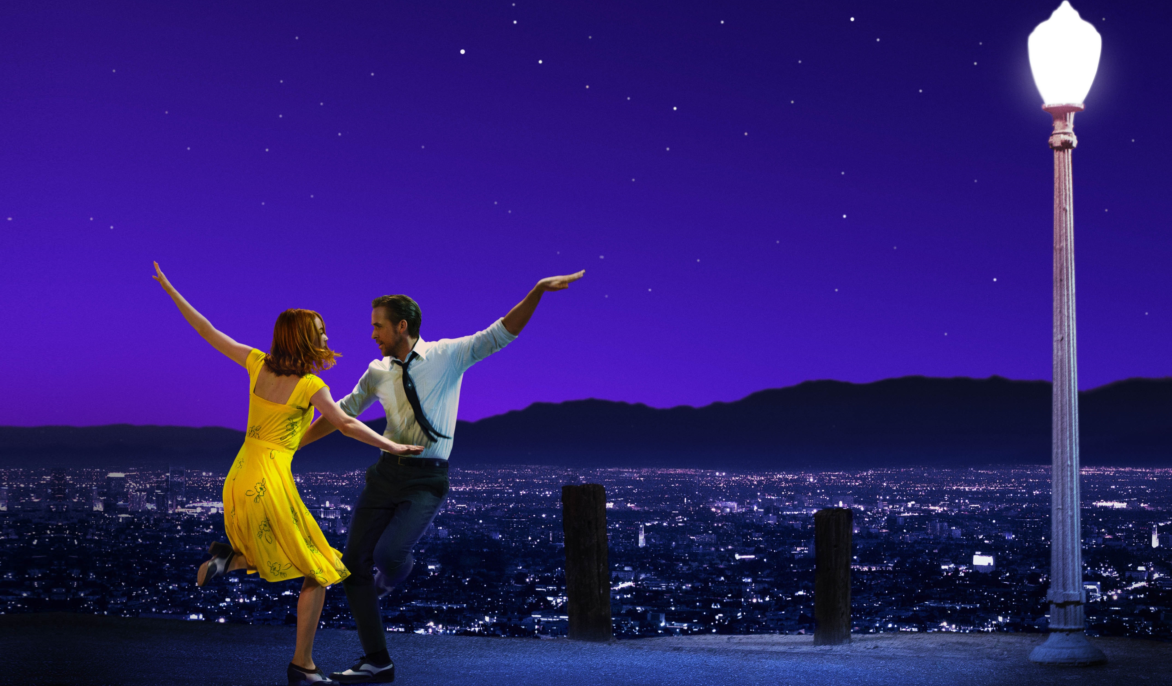 La La Land Ryan Gosling Emma Stone Sky Dancing Night Movies Purple 3800x2224