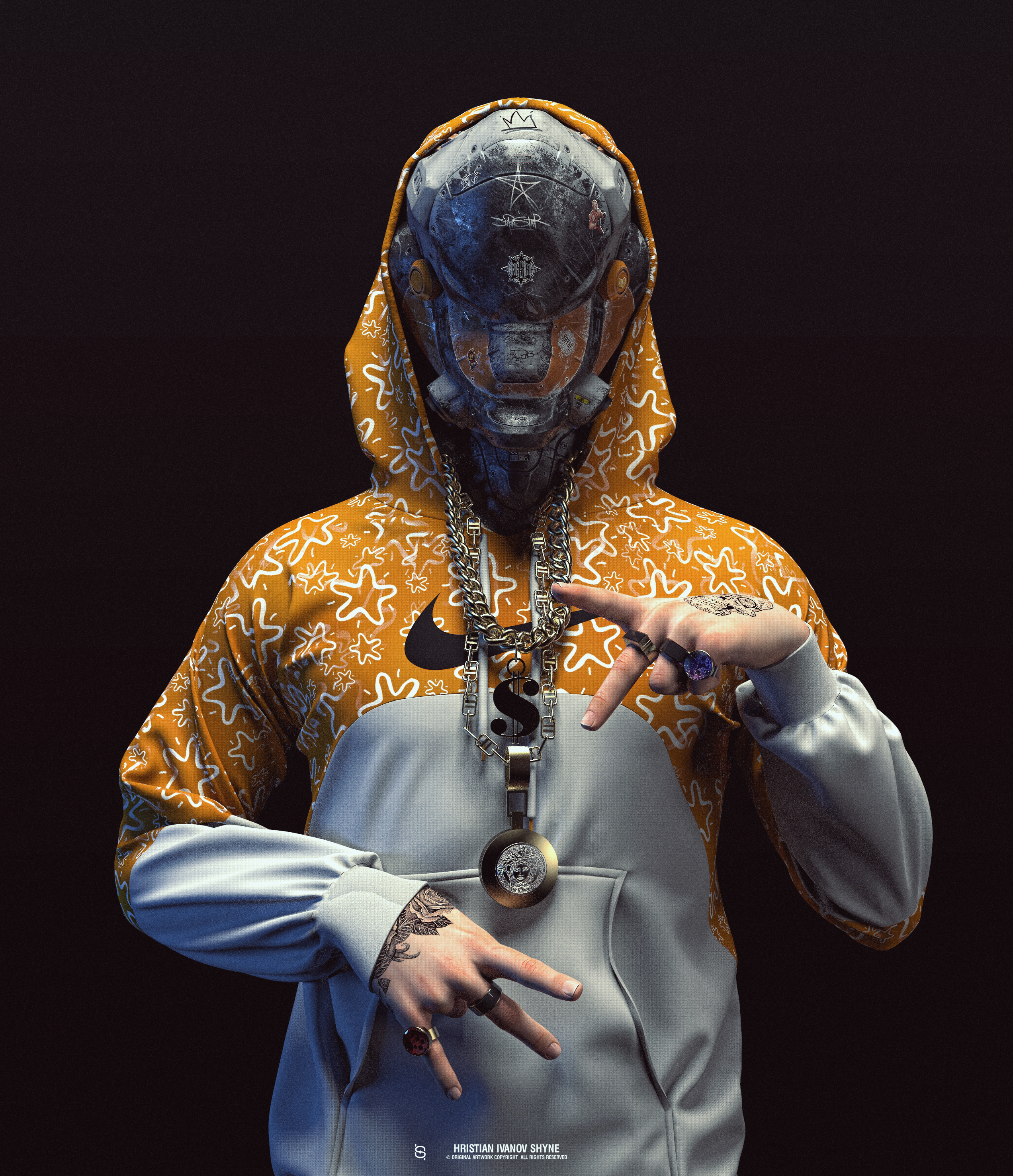 Digital Art Robot Futuristic Sweatshirts Hoods Black Background Nike Bling Tattoo 3D CGi Cyberpunk S 2544x2952
