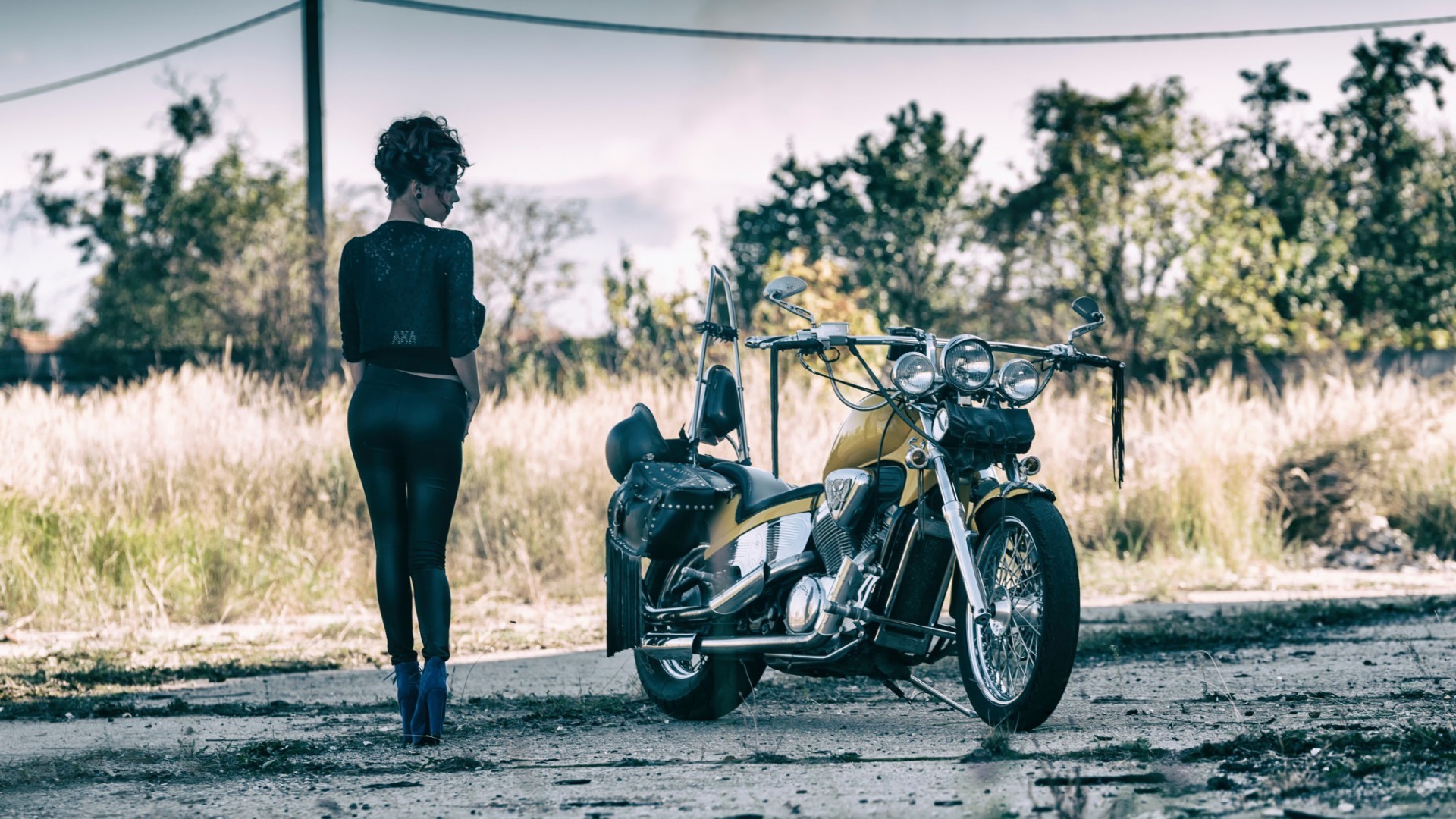 Women With Bikes Women Women Outdoors Brunette Rear View Black Clothing Harley Davidson Chopper 1920x1080