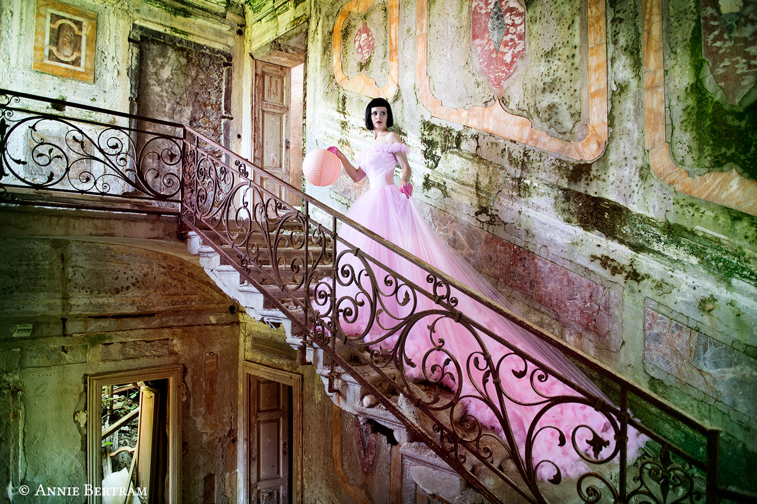 Annie Bertram Ruin Stairs Pink Dress Balloon Fantasy Girl Women 1500x998
