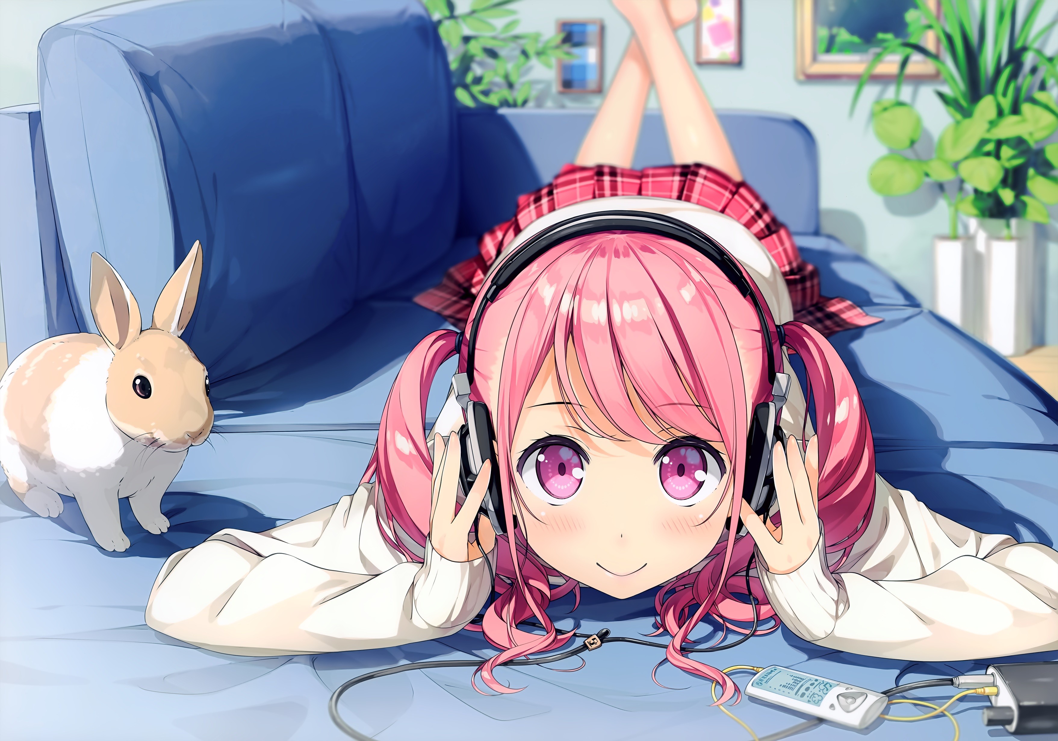 Anime Anime Girls Kurumi Kantoku Headphones Rabbits Twintails Long Hair Pink Hair Pink Eyes Skirt 3515x2460