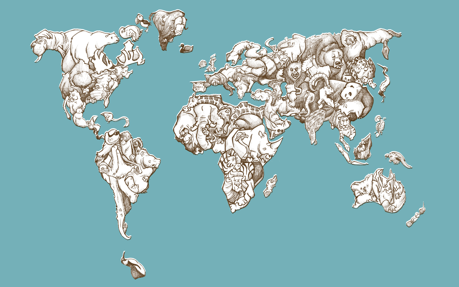 World Map Continents Animals Simple Background 1920x1200