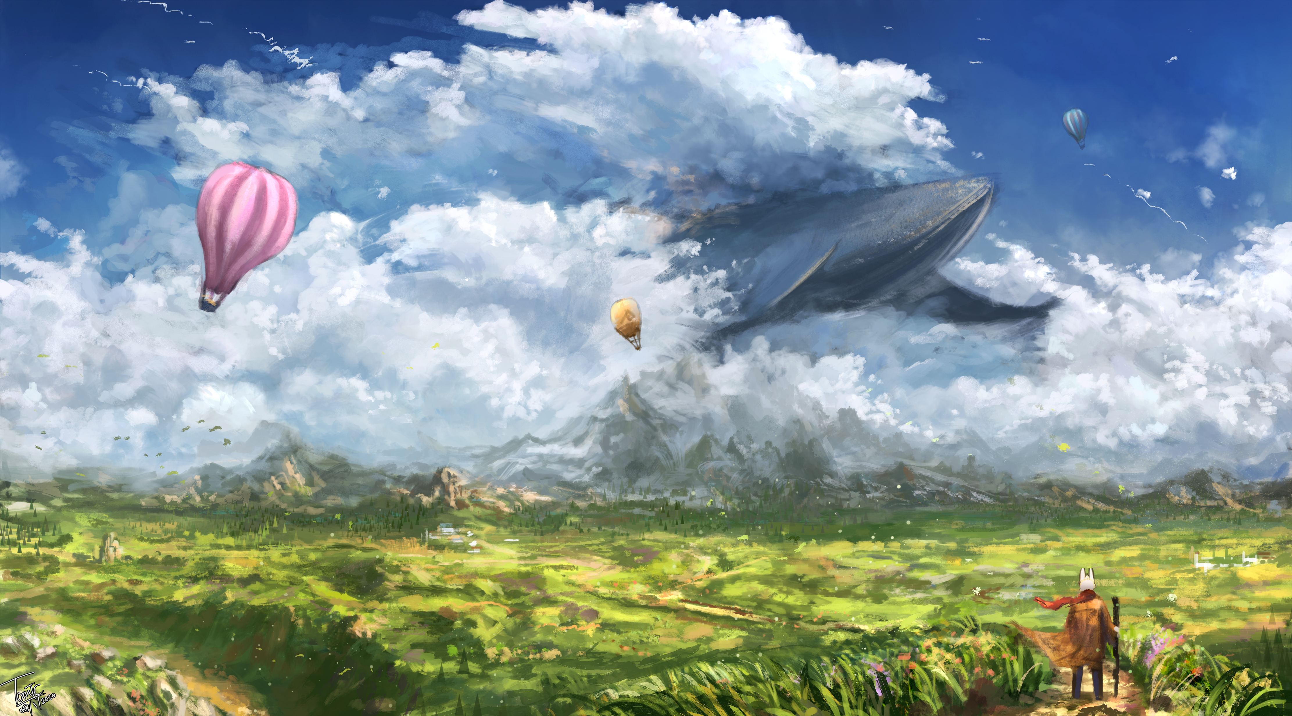 TomTC Clouds Whale Grass Mountains Rabbits Hot Air Balloons Fantasy Art Field Artwork 4446x2464