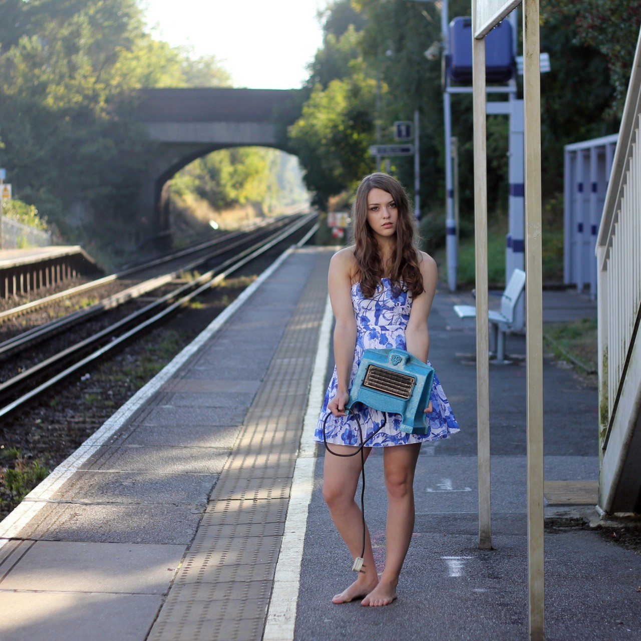 Barefoot Women Women Outdoors Bare Shoulders Long Hair British Summer Dress Standing Railway Station 1280x1280