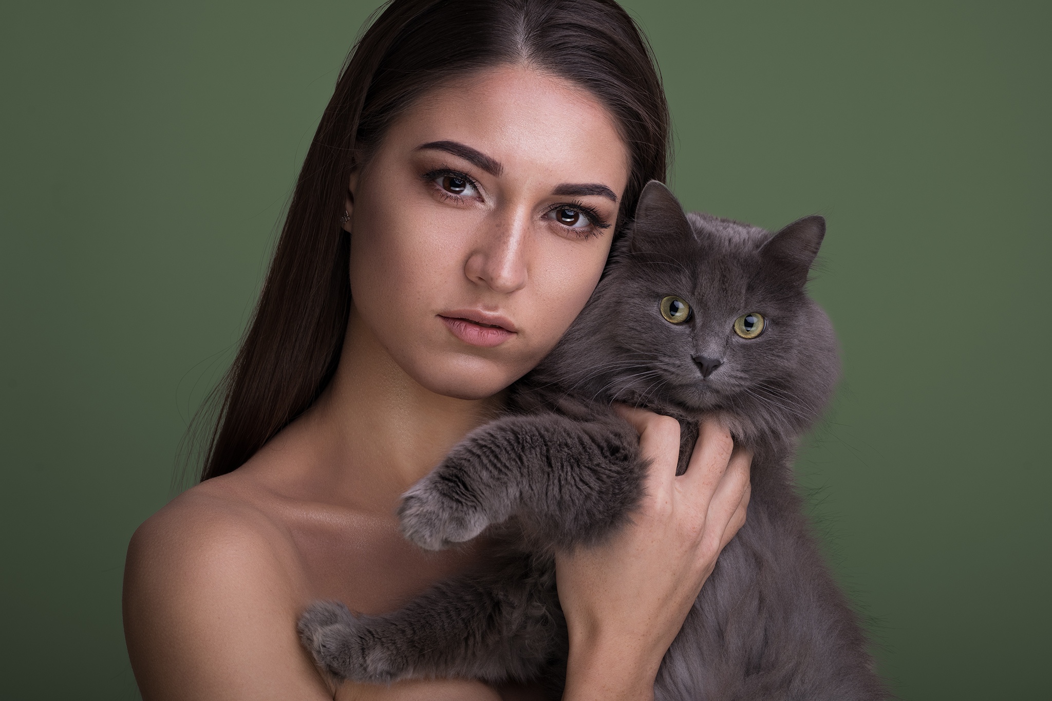 Women Model Cats Dmitry Shulgin Simple Background Dark Hair Women With Cat Milena 2048x1365