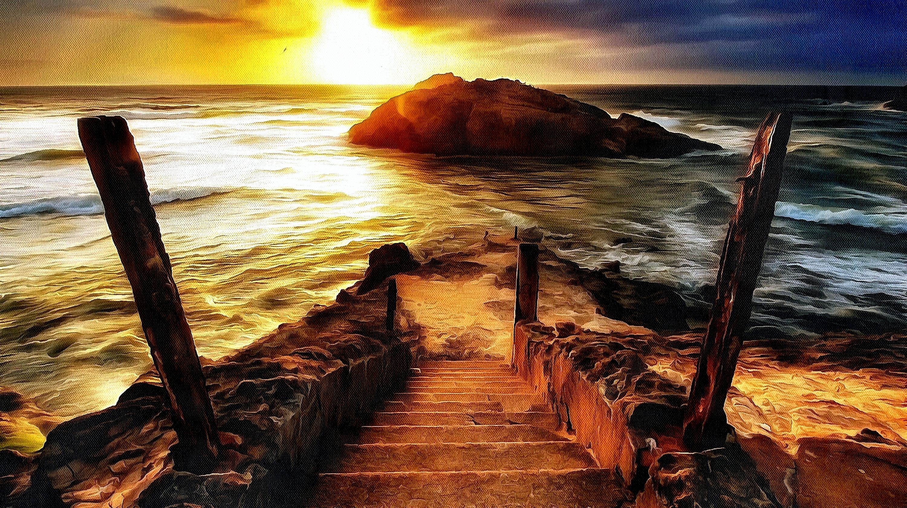 Artwork Nature Sea Sunset Sunlight Rock Coast Steps Waves 3000x1680